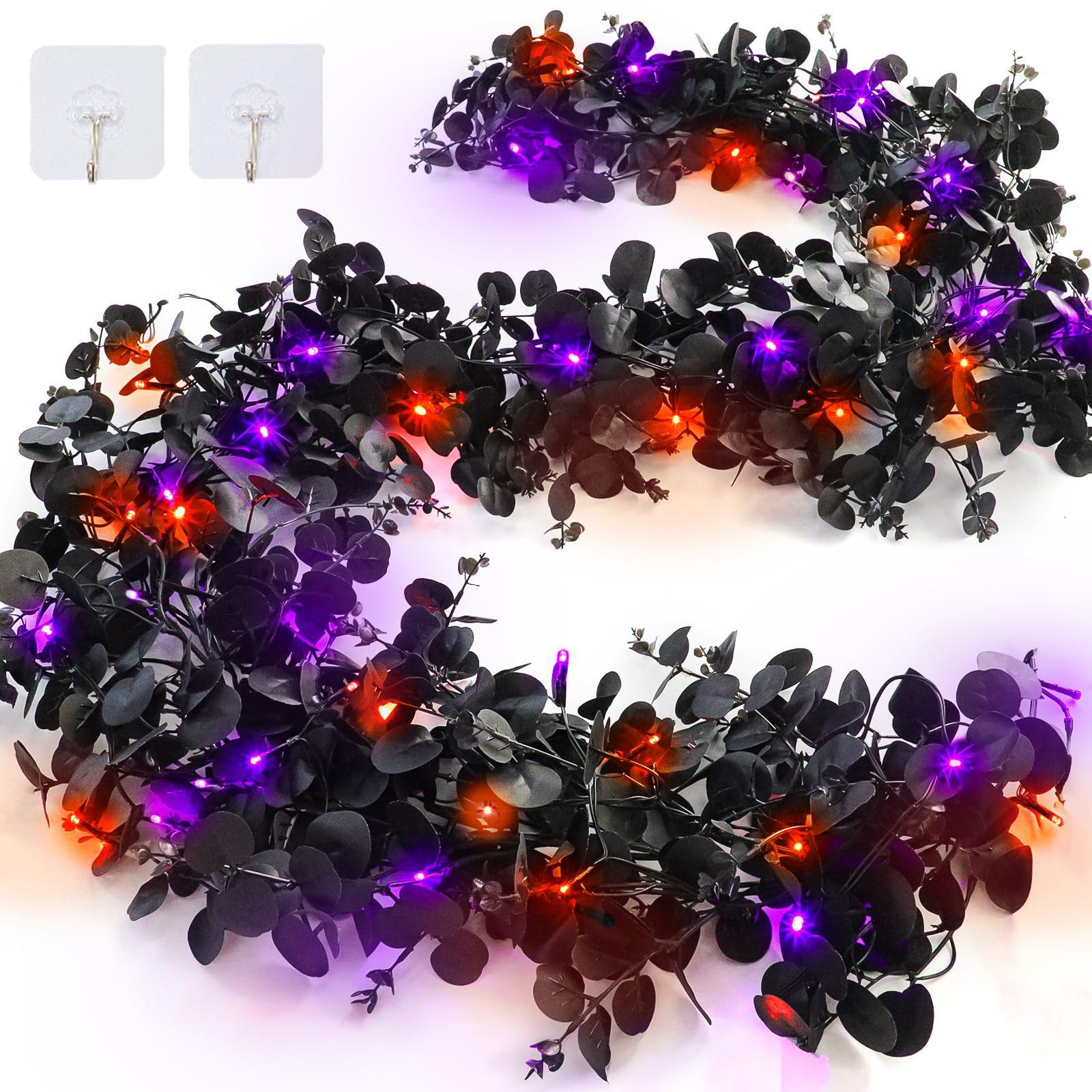 Photo 1 of [Dual Color & Timer] 6 Ft by 10 Inch Halloween Garland with 20 LED Purple Orange Lights, Lighted Artificial Eucalyptus Garland with Twigs Halloween Decorations for Home Wall Table Mantle Fireplace