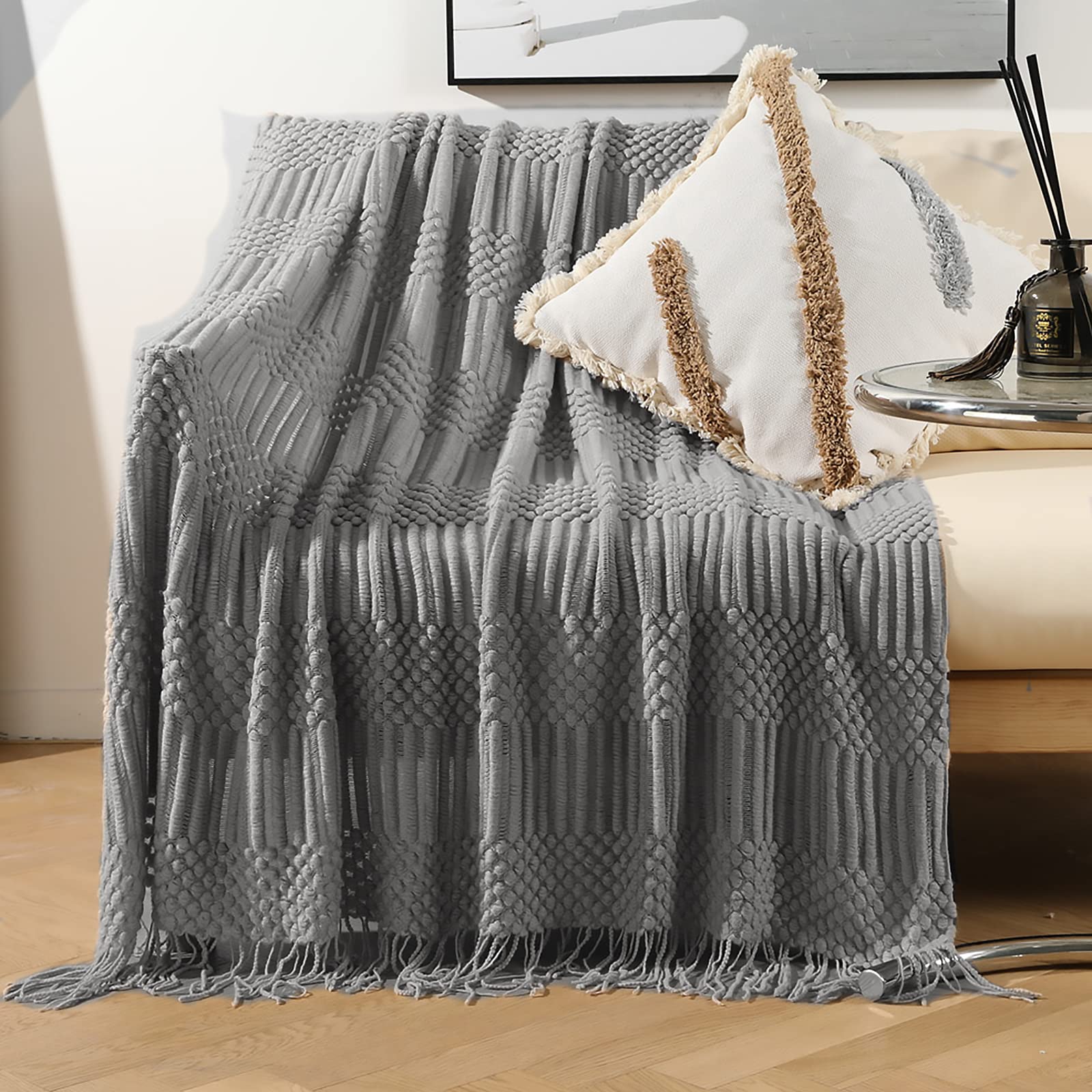LumiSyne Knitted Throw Blanket With Tassel Solid Color Bubble Pattern Cozy Soft Throws Bedspread Couch Cover Decorative Blanket For Sofa Bed Settee 170x130cm