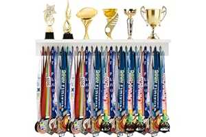 Threehoney Wooden Medal Hanger Display Trophy Holder Shelf with 25/37/49/65 Hooks Wall Mount Ribbon Holder Christmas Gift for Gymnastics Running Soccer Awards