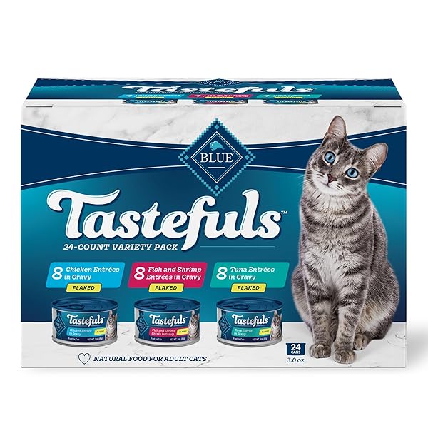 BLUE BUFFALO TASTEFULS NATURAL FLAKED WET CAT FOOD VARIETY PACK, TUNA, CHICKEN AND FISH & SHRIMP ENTRÉES IN GRAVY 3-OZ CANS (24 COUNT)