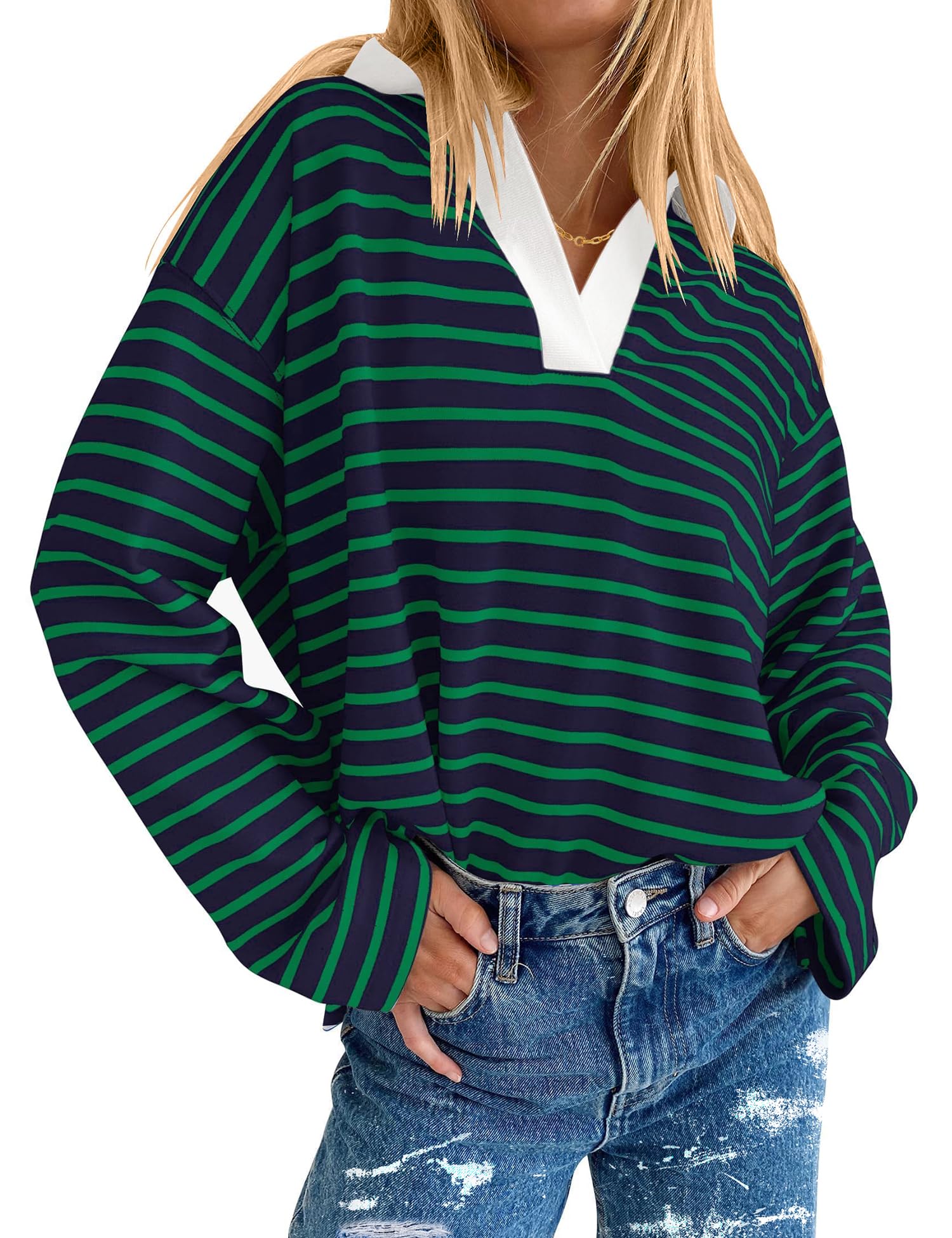Photo 1 of AKEWEI Collared Striped Shirts for Women Oversized Long Sleeve Rugby Shirt Womens Fashion 2024 (Navy Green Stripe,M)