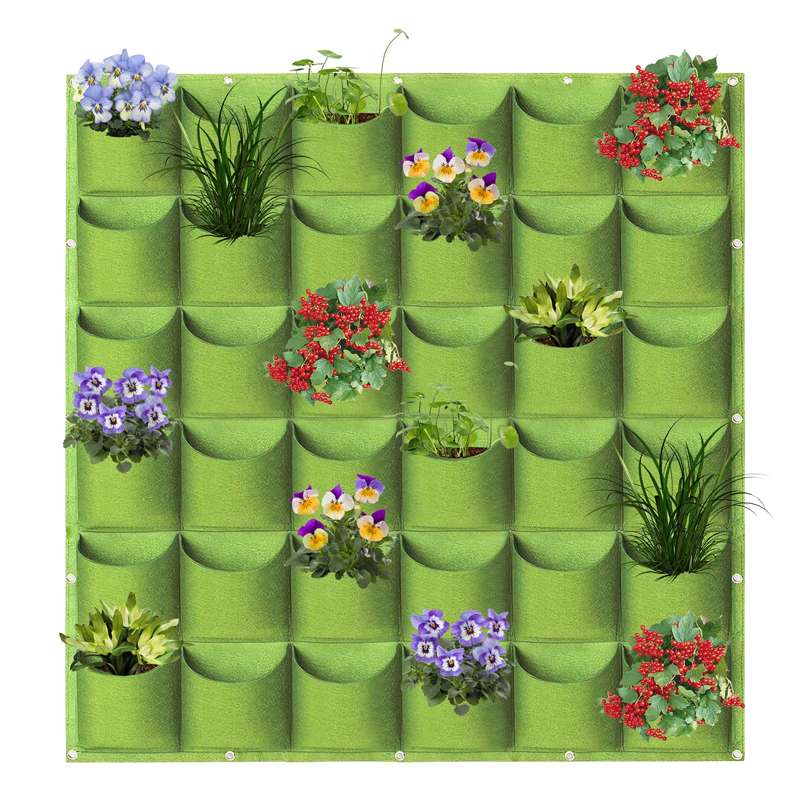 WHATWEARS Hanging Planter Bags, 36 Pockets Hanging Vertical Wall Mounted Planter Planting Grow Bag, Gardening Vertical Greening Flower Container Plant Pouch Storage Bags(1m×1m, Green)