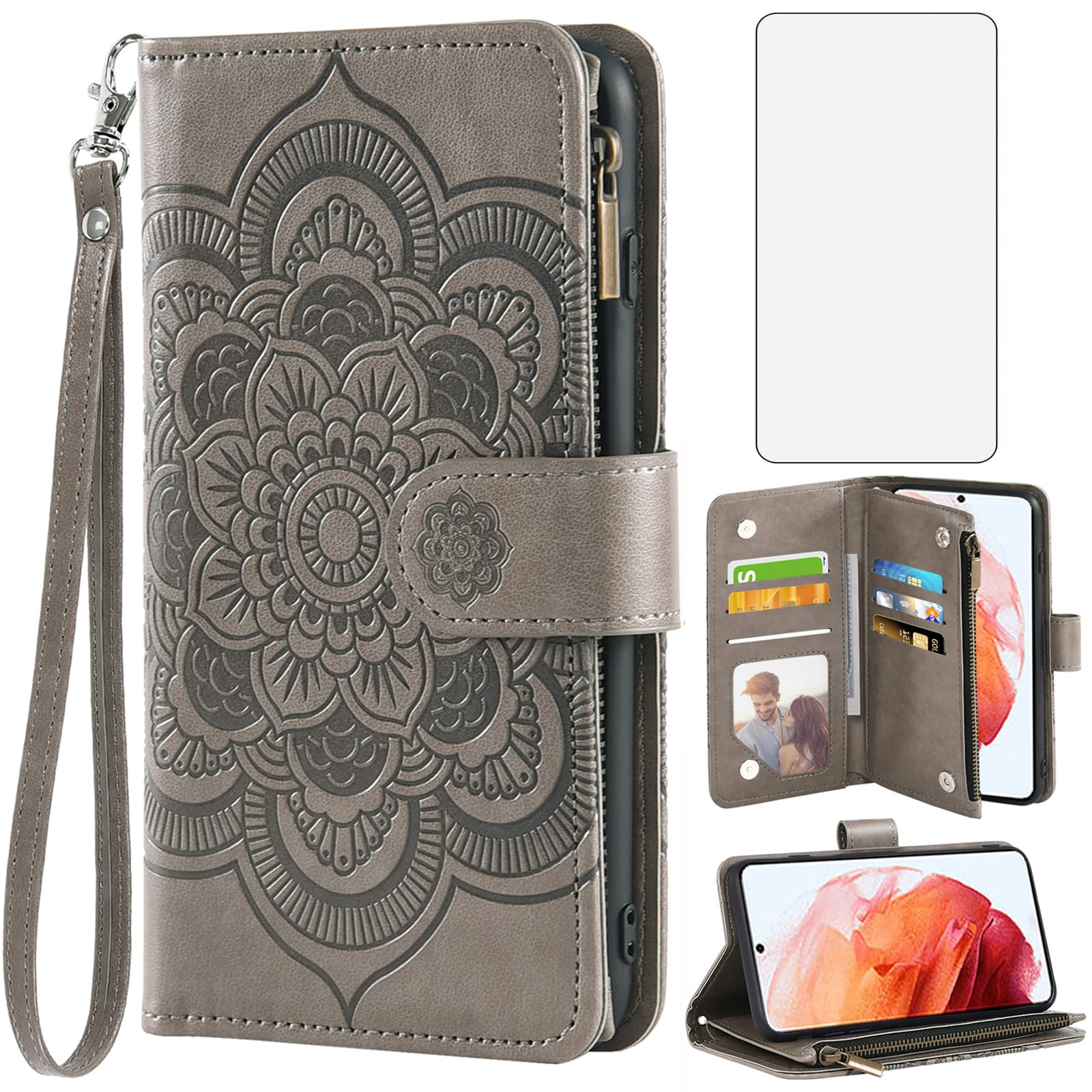 Photo 1 of Asuwish Compatible with Samsung Galaxy S22 5G Wallet Case and Tempered Glass Screen Protector Flower Leather Flip Card Holder Stand Cell Accessories Phone Cover for Gaxaly S 22 22S G5 Women Men Grey