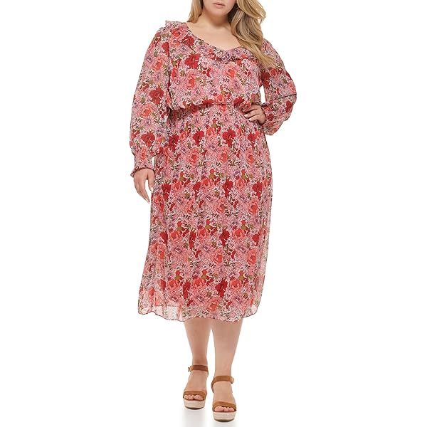 Tommy Hilfiger Women's Chiffon Paisley Long Sleeve Midi Dress,  Aubergine/Chili Pepper at Amazon Women's Clothing store