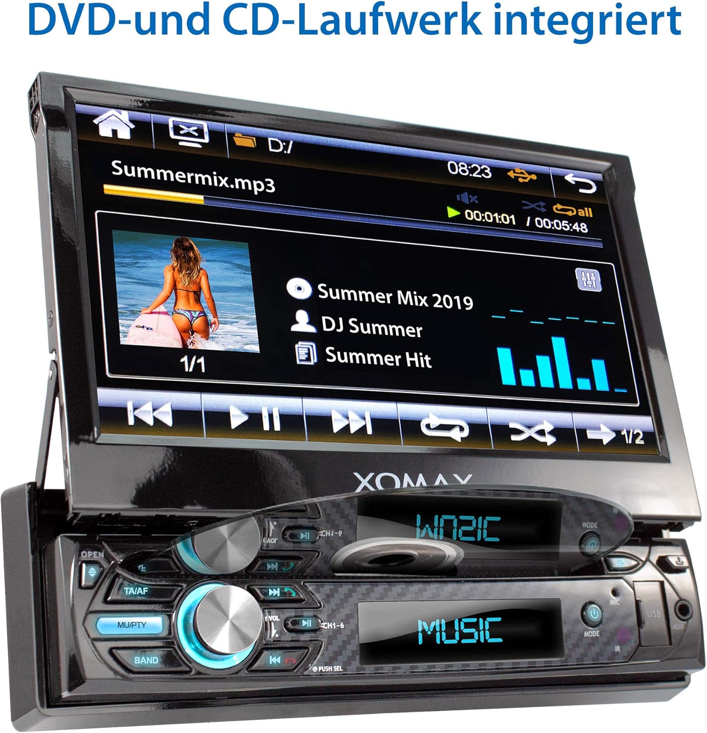 XOMAX XMD750 Car Stereo with 18 cm / 7″ Touch Screen I DVD, CD, USB