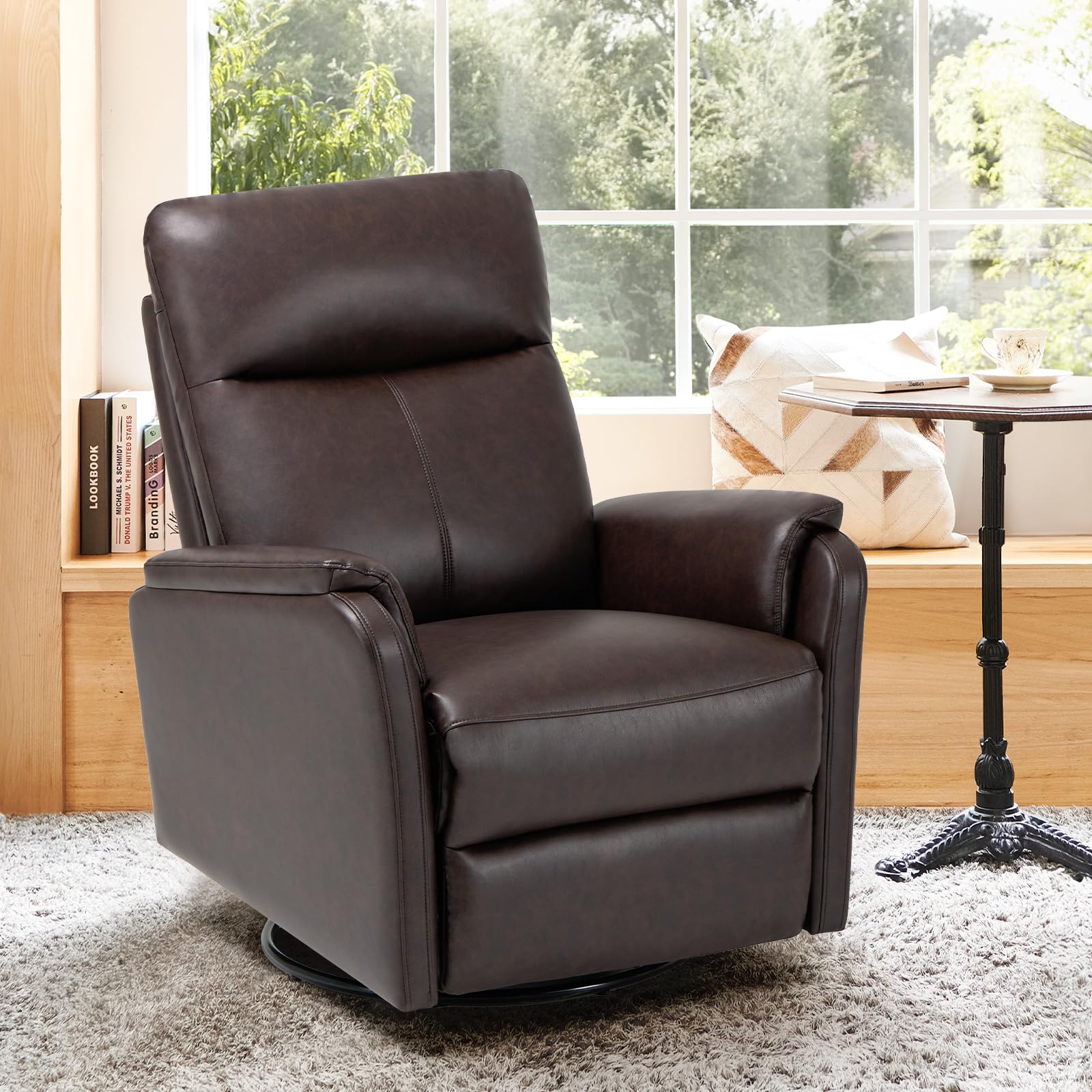 Photo 1 of COLAMY Leather Recliner Chair with Swivel & Rocking Function, Modern Glider Reclining Chair with Footrest and Wide Seat Cushion, Comfortable Rocker Chair for Living Room, Nursery, Bedroom, Chocolate