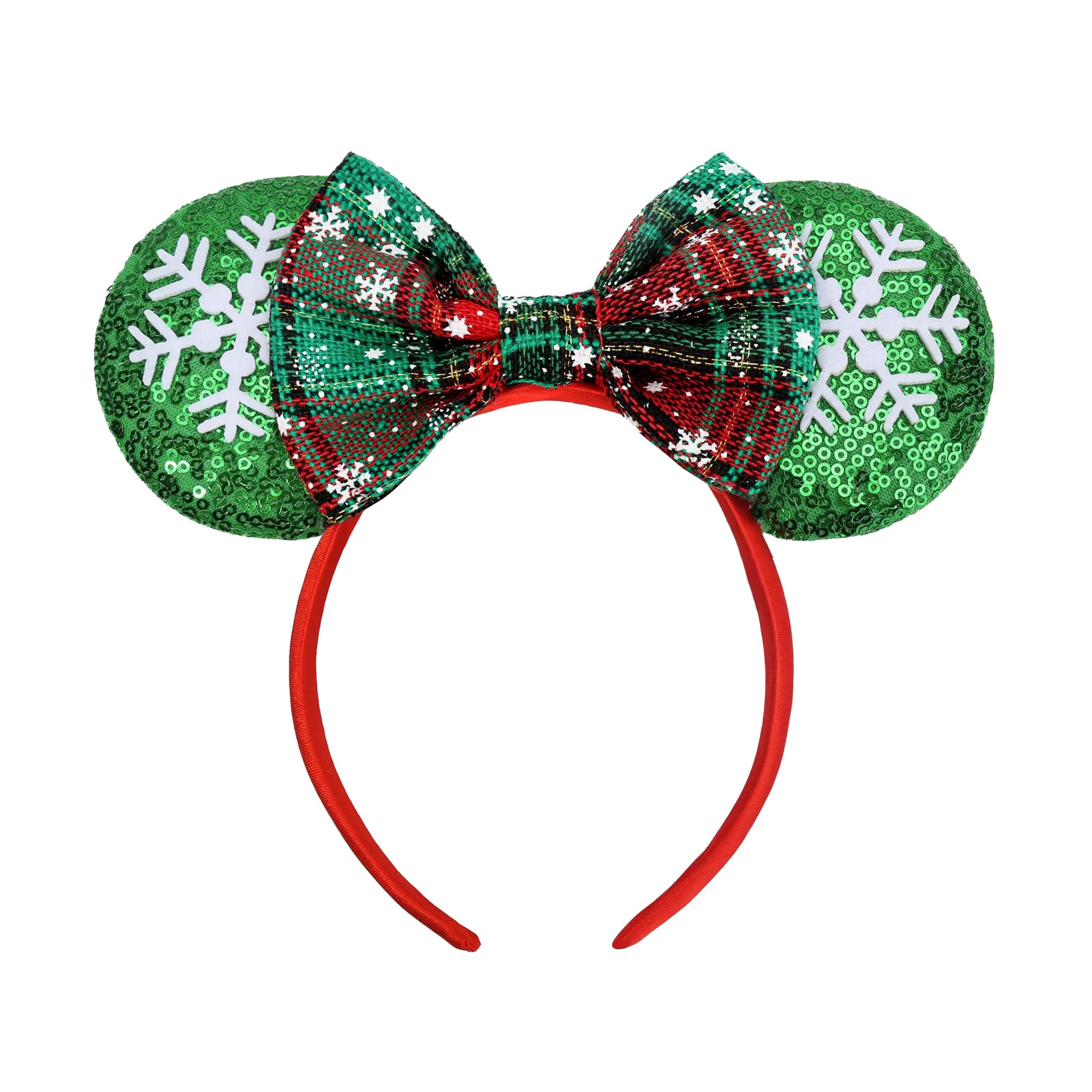 MZinge Christmas Mouse Ears Headband with Bow - Festive Snow Design Hair Accessory for Adult Women | Perfect for Christmas Parties, Theme Parks & Dress-Up (Xmas Green)