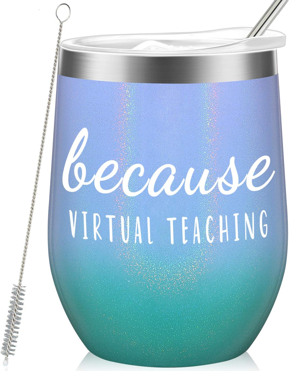 Because Virtual Teaching - Funny Teacher Appreciation or Birthday Gift Idea for Her, Him - Online Learning Gifts for Professor, Teaching Assistant, Instructor - 12oz Wine Tumbler Glitter Mermaid