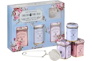 New English Teas Loose Leaf Tea & Infuser Gift Set – 3 Vintage Floral Tins with Breakfast, Earl Grey & Afternoon Blends with 