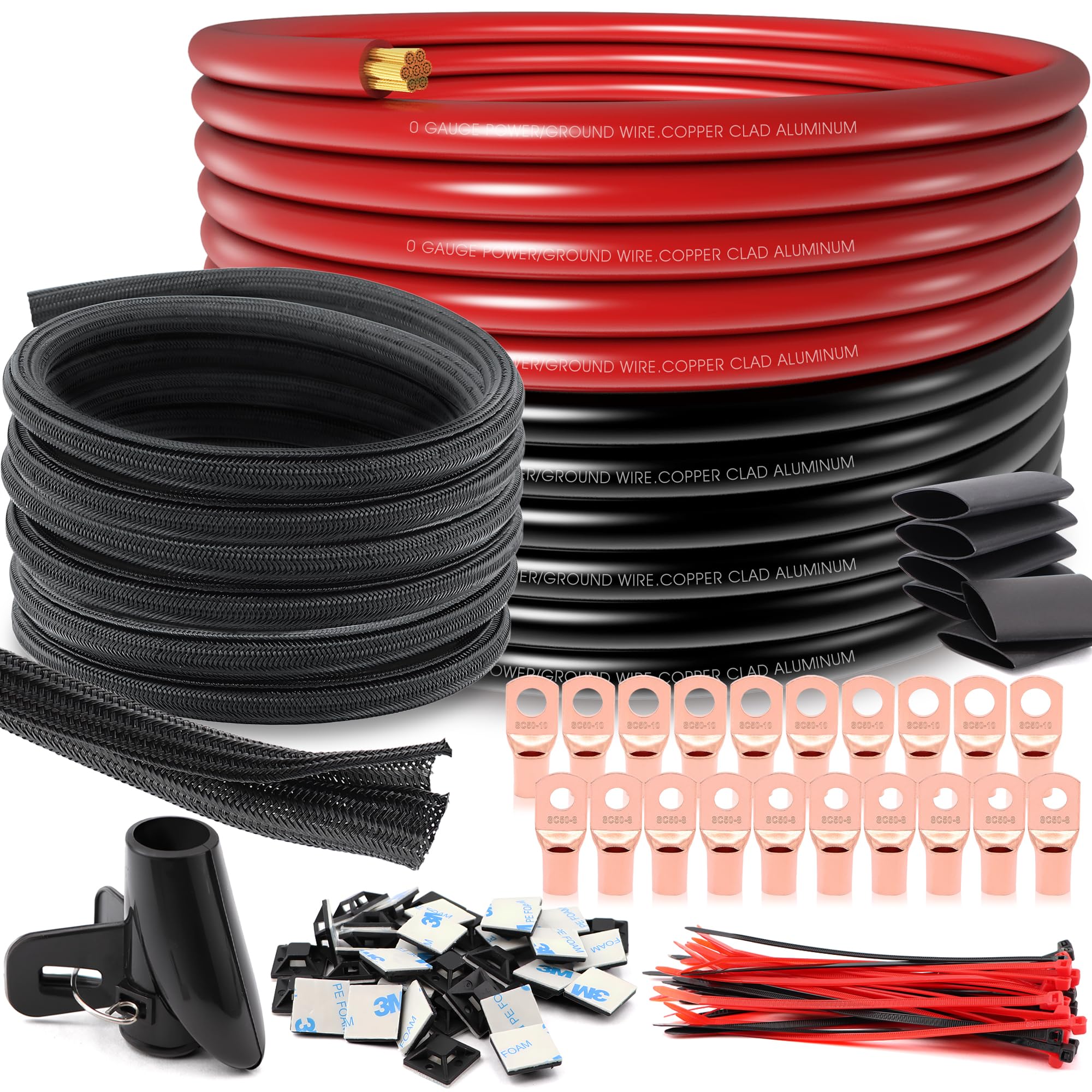 Photo 1 of 0 Gauge Amp Wire 40FT Battery Cable Calibre 1/0 Awg for Inverter,Winch,Reducer,Starter,Solar Power,DC Wiring,W/ 40 Feet PET Cable Sleeve,20pcs Connectors Lugs and 3:1 Heat Shrink Tube