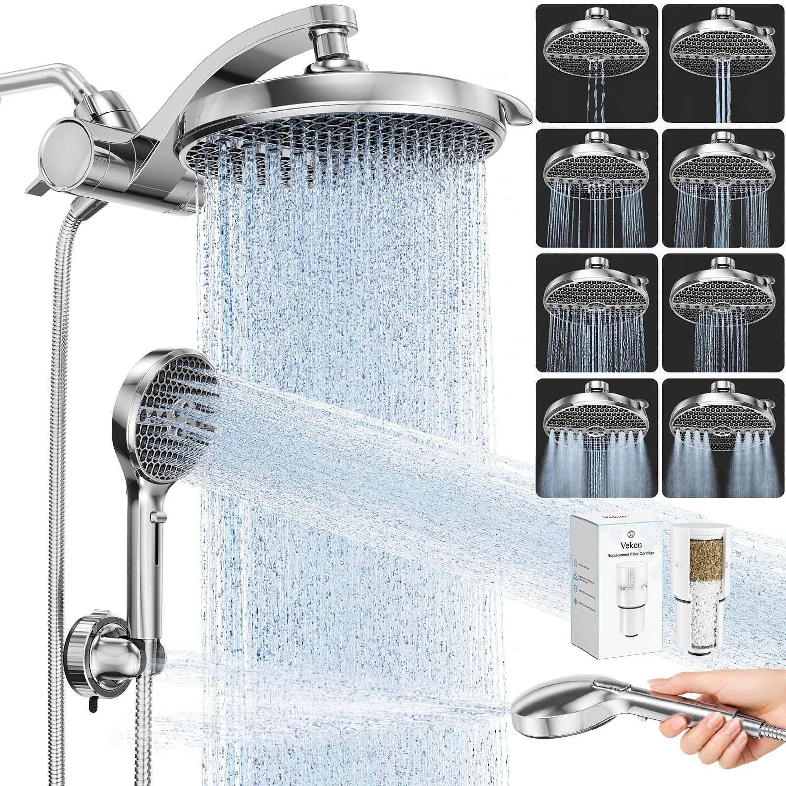 Veken Filtered Shower Head with Handheld, Multi-Pattern Rain Showerhead Set | High Pressure Power Wash, Dual Showerheads Comb