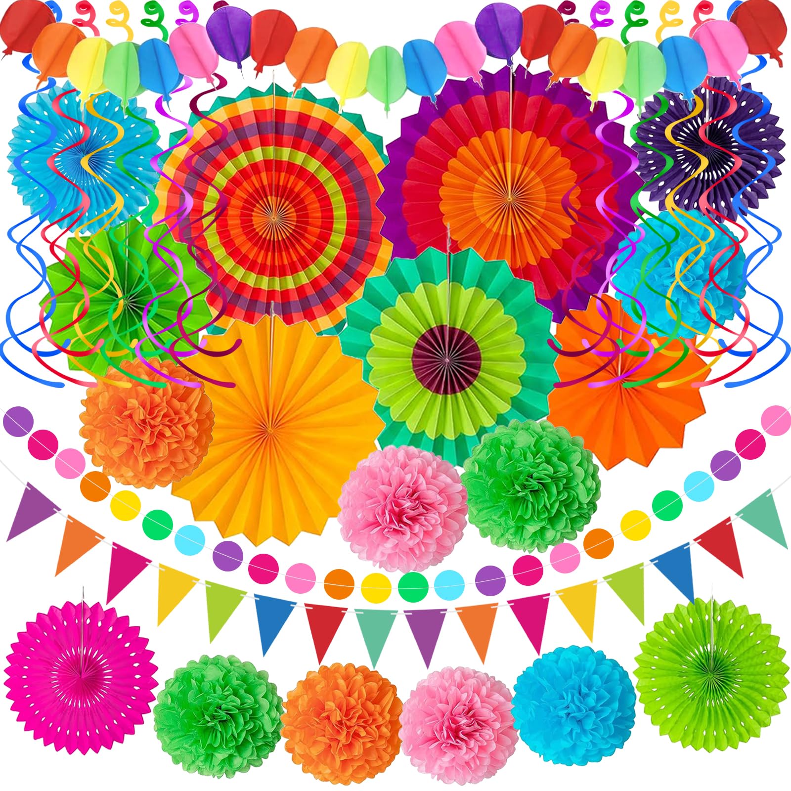 Photo 1 of 33Pcs Fiesta Decorations Cinco De Mayo Decorations Multi-Color Paper Fans Garlands Pennant Pom Poms Hanging Swirls For Birthday Wedding Rainbow Mexican Party