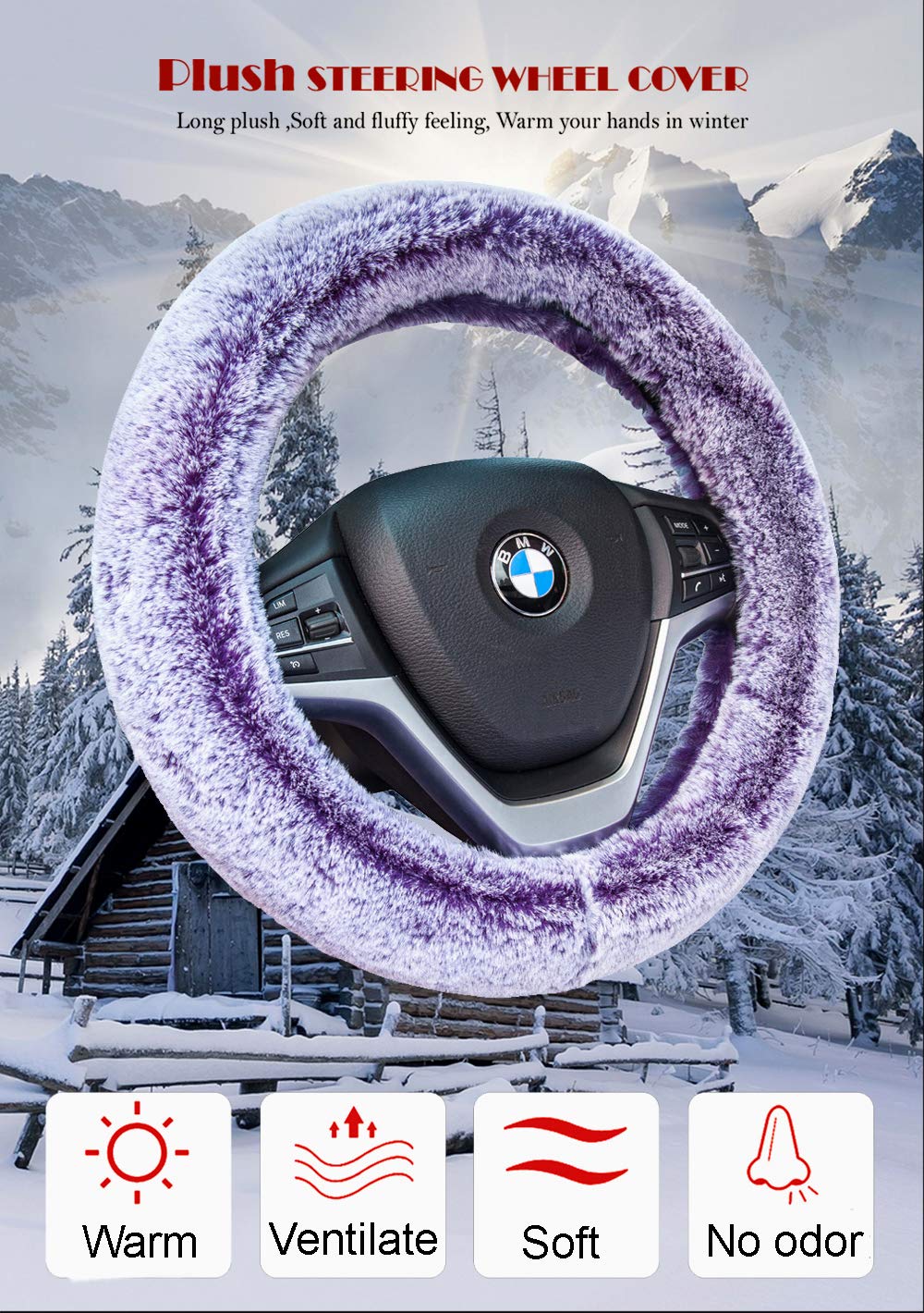 Auto-living Steering Wheel Cover Winter Warm Soft Fluffy Faux Wool Long Plush Steering Wheel Covers Protector Universal 15 Inches (Long Plush, Purple)