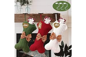MOOYDEE 3 Pack Pet Dog Personalized Christmas Stockings with 3 Metal Holders & 18 Name Tags, Large Bone Shape Pets Hanging Stockings Xmas Knit Dog Stocking with Bowknot for Christmas Decoration Party Décor