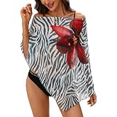 ZAFUL Women's Mesh Cover Ups Floral Print Off the Shoulder Poncho Tops | Batwing Sleeve,Asymmetrical,Loose Tunic Shirt,Lightweight Swimwear,Mesh Shawl Wraps,Chiffon,CoverUp For Beach Vacation