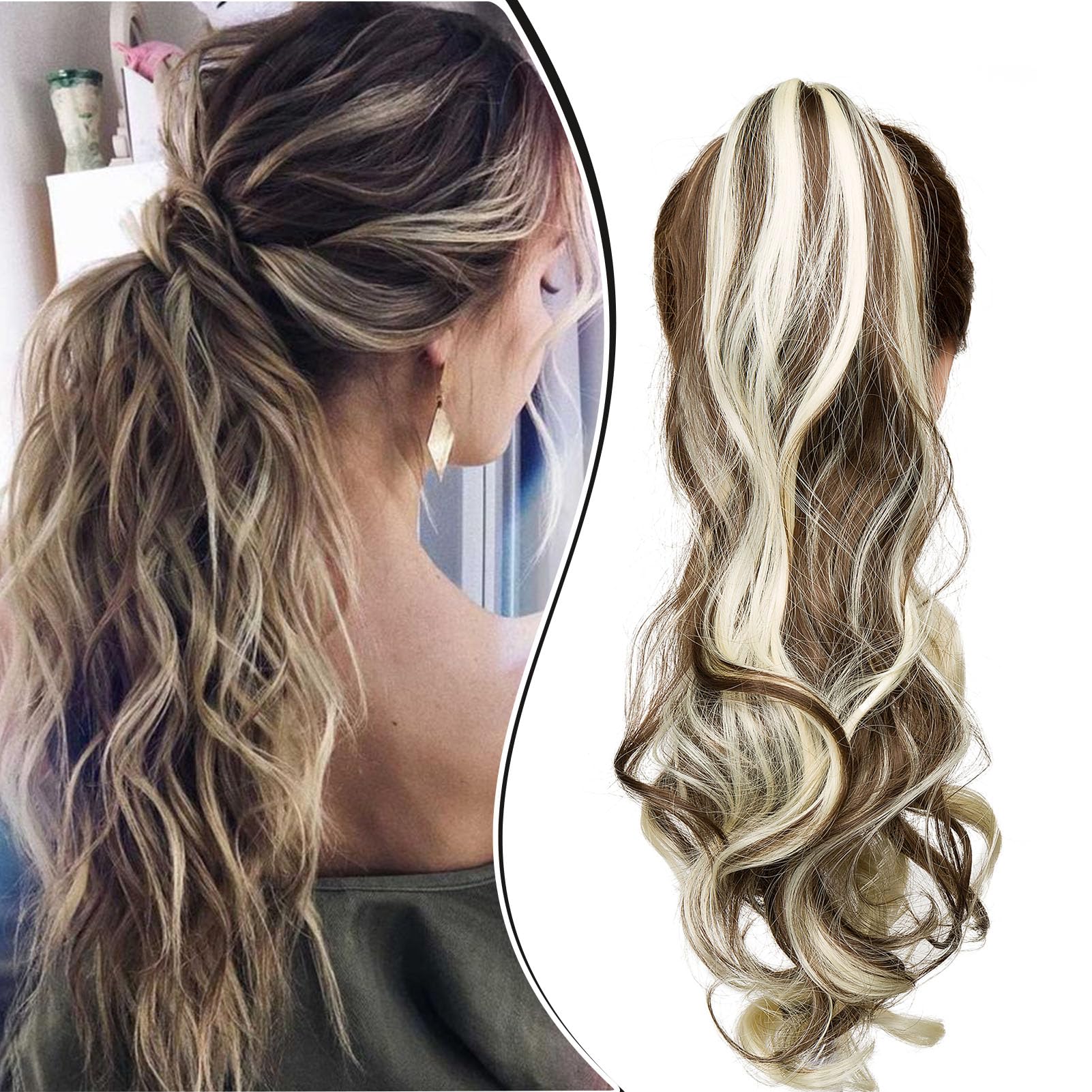 Dcbaboo Ponytail Extension Curly 18inch Claw Clip in Ponytail Hair Extensions Long Wavy Synthetic Pony tails Natural Wave One Piece Hairpiece Fake Ponytail for Women, Chestnut Brown/Bleach Blonde — image 1