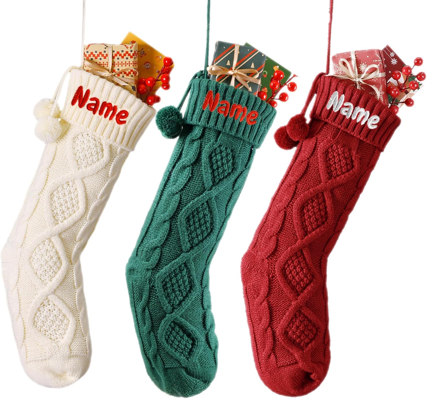 Stockings & Holders - 3 Pack Personalized Christmas Stockings - Custom Name Family Christmas Embroidered Stockings, Large 18” Customized Knitted Stocking Gifts for Family, Kids, Xmas Stocking for Fireplace Christmas Decor
