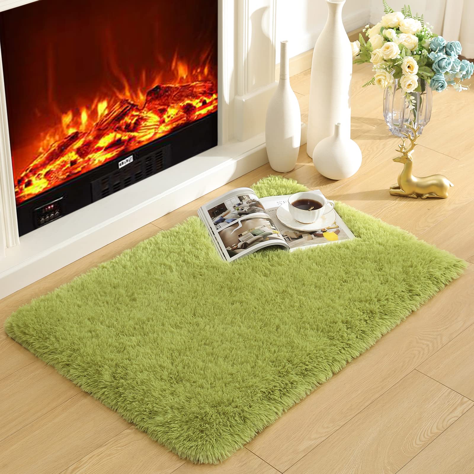 Photo 1 of Merelax Modern Soft Fluffy Shaggy Rug for Bedroom Livingroom Small Chair Decor Rugs Feet Floor mats , Non-Slip Plush Furry Fur Area Rugs Comfy Nursery Accent Floor Carpet 2 X 3 Feet, Green