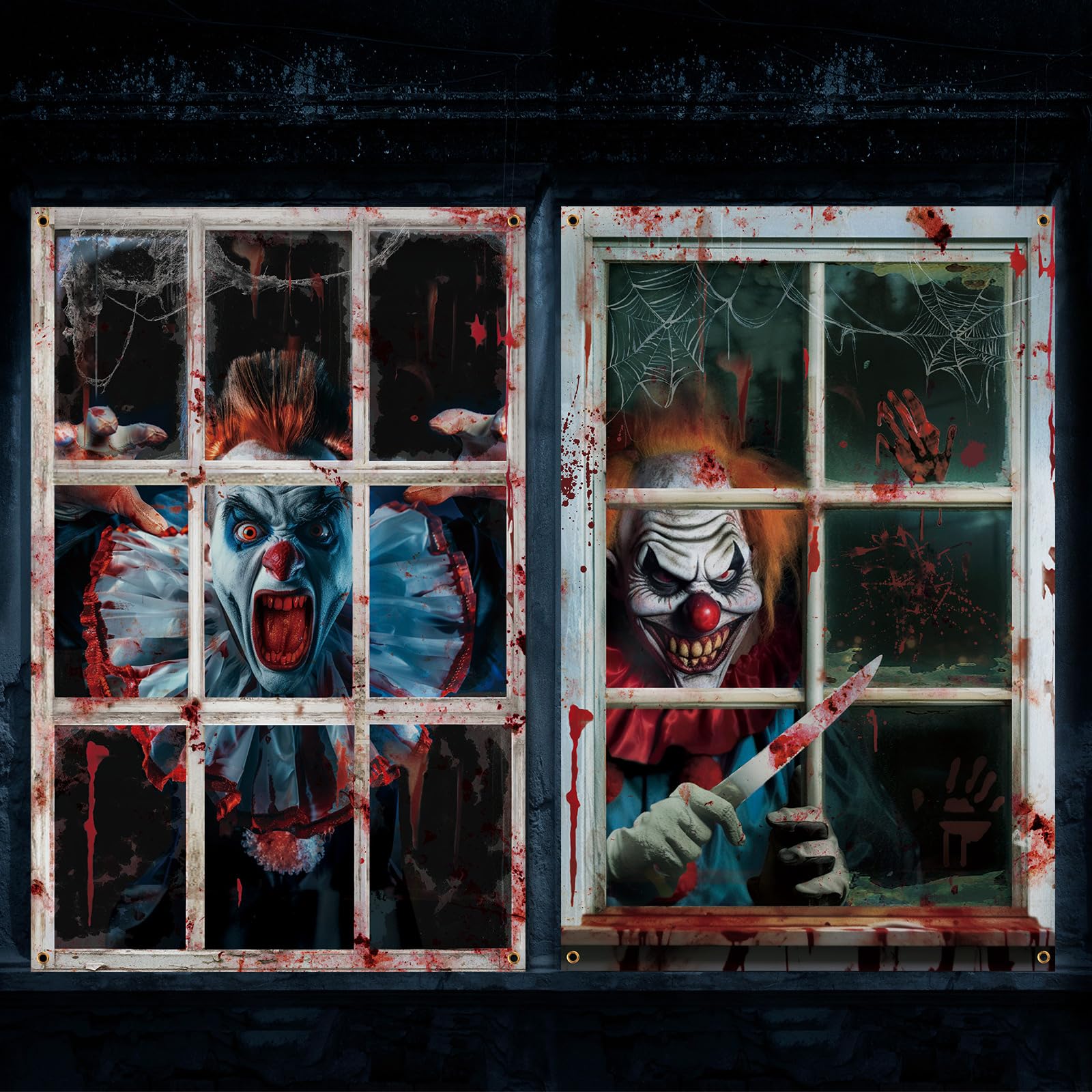 Photo 1 of Newwiee 2 Pcs Scary Halloween Curtain Window Silhouette Cover Decoration Theme Poster for Indoor Outdoor Party Wall Door(Clown)