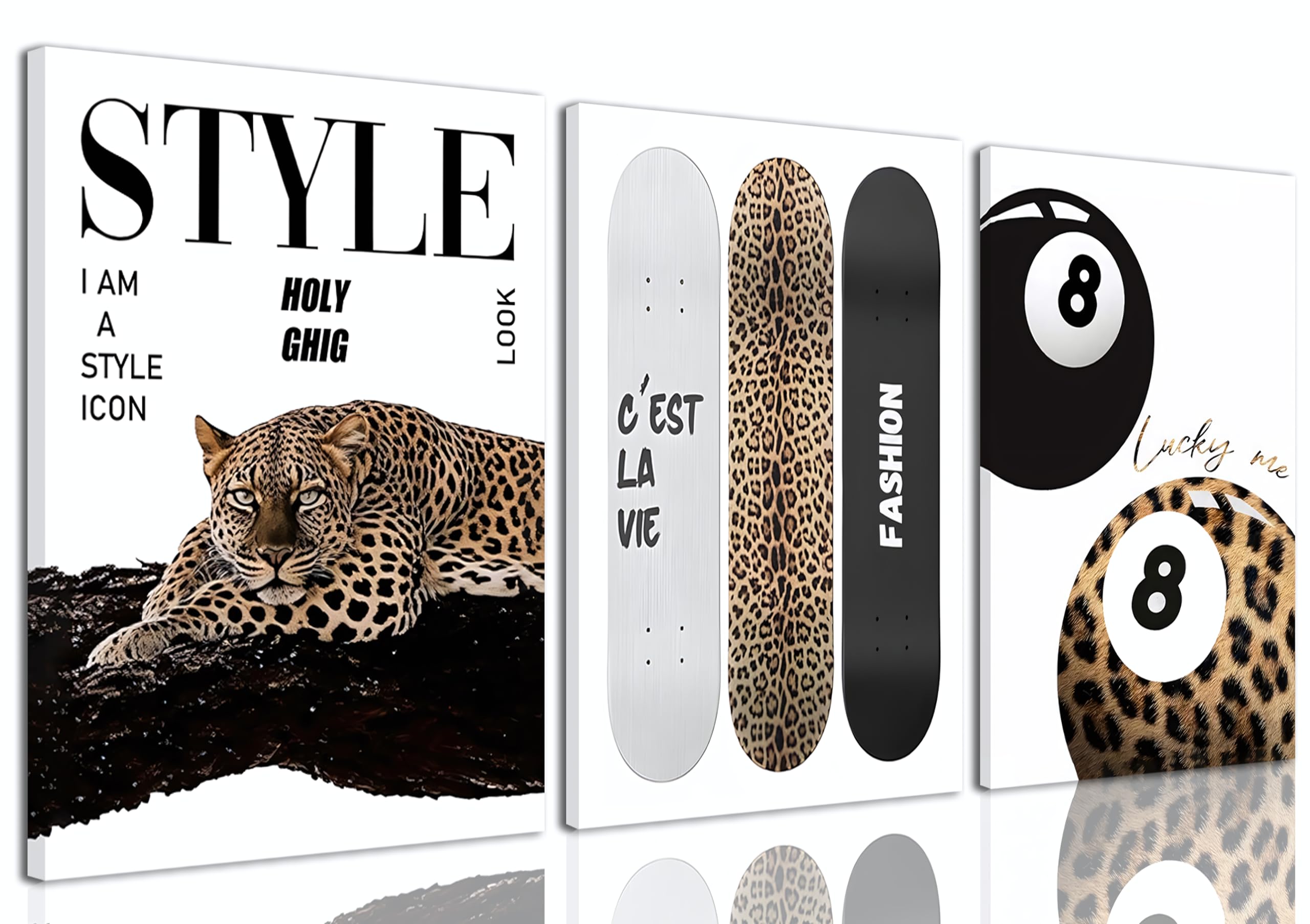 Photo 1 of 3Pcs Trendy Leopard Canvas Wall Art Preppy Stylish Leopard Painting Picture Wall Decor Funky Lucky 8 Ball Cheetah Poster Print Artwork for Bedroom Living Room Bathroom Home Decoration Framed 12x16