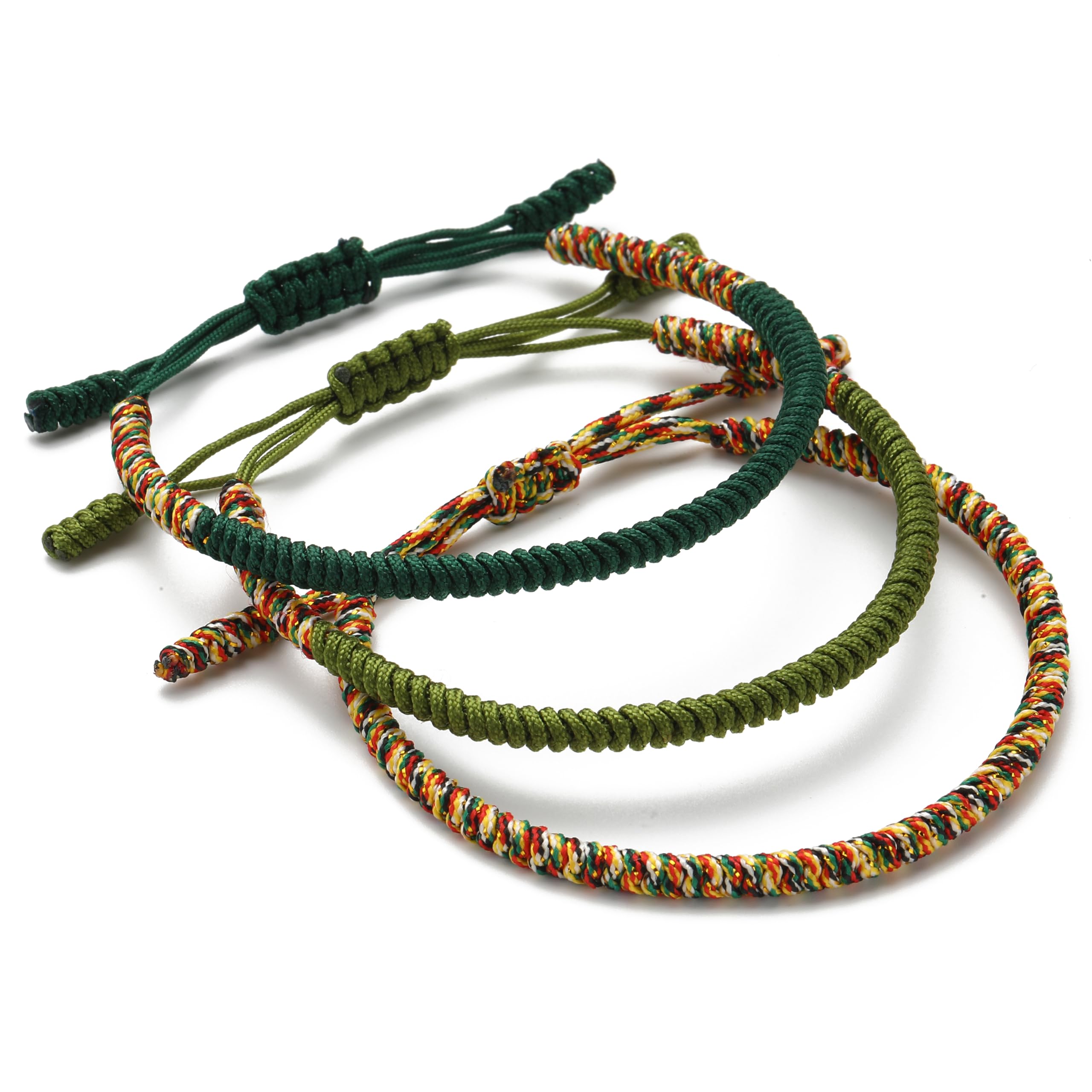 LUCKY BUDDHIST - Handmade Bracelets + Buddhist Gift! Tibetan Good Luck String Armbands. For Women Men Teens. Adjustable Size! Friendship present. Handcrafted rope wristbands. Green, Dark Green, Gold