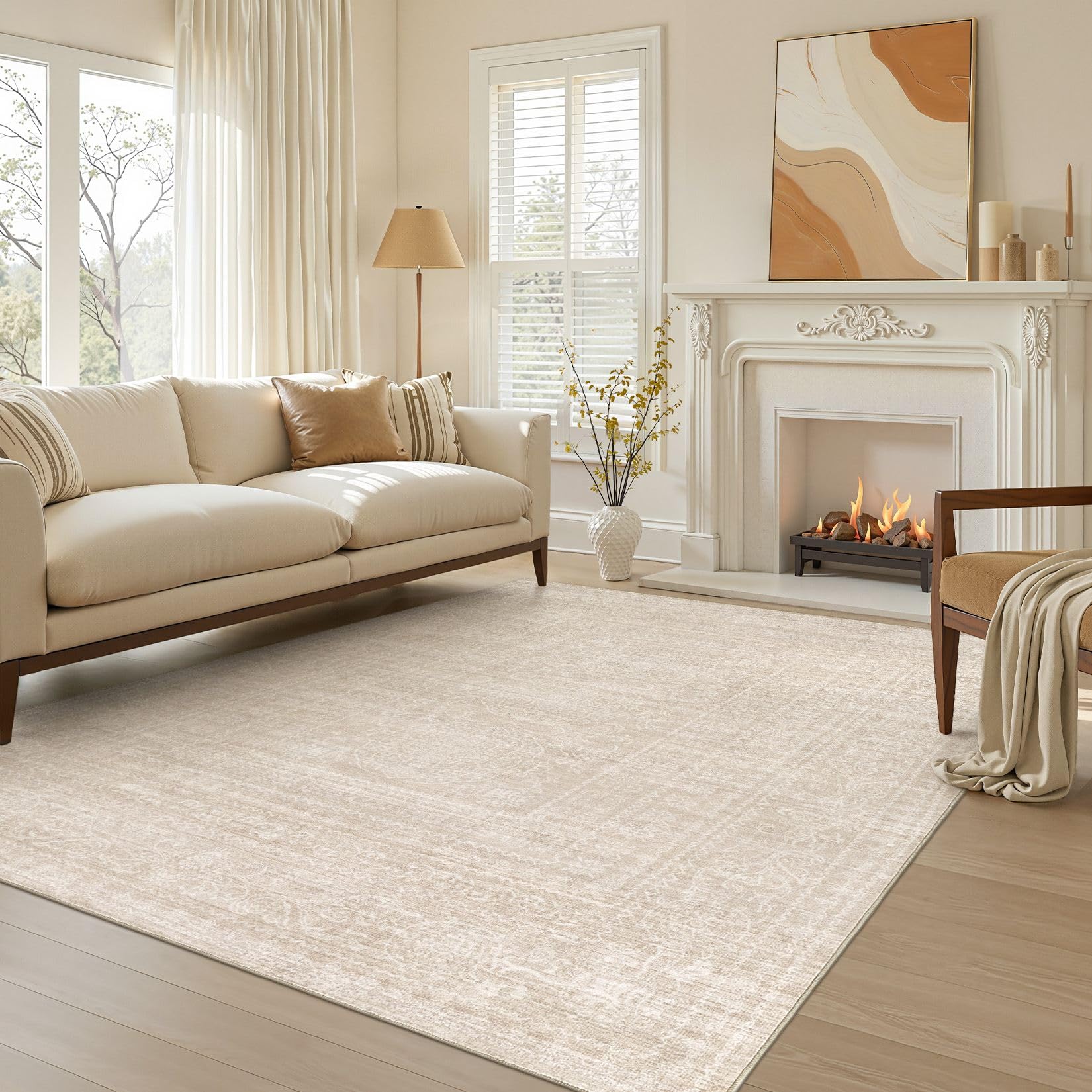 Nakagishi Neutral 6x8 Area Rugs for Living Room Washable, Beige