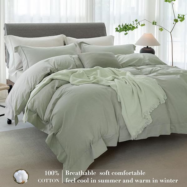 ELIMMO COOLING KING DUVET COVER SET 3 PIECES-100% WASHED COTTON WITH CHIC WIDE TRIM DESIGN LINEN LIKE TEXTURED ULTRA SOFT COZY BEDDING WITH ZIPPER CLOSURE(HEMMED SAGE GREEN,KING 104″X90″)