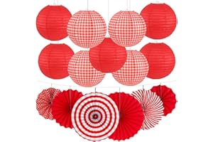 Peywot 15Pcs Red Party Decorations Supplies Set, Hanging Red Paper Lanterns Paper Fans for Home Decor Birthday Wedding Graduation Picnic BBQ Baby Shower Pizza Party