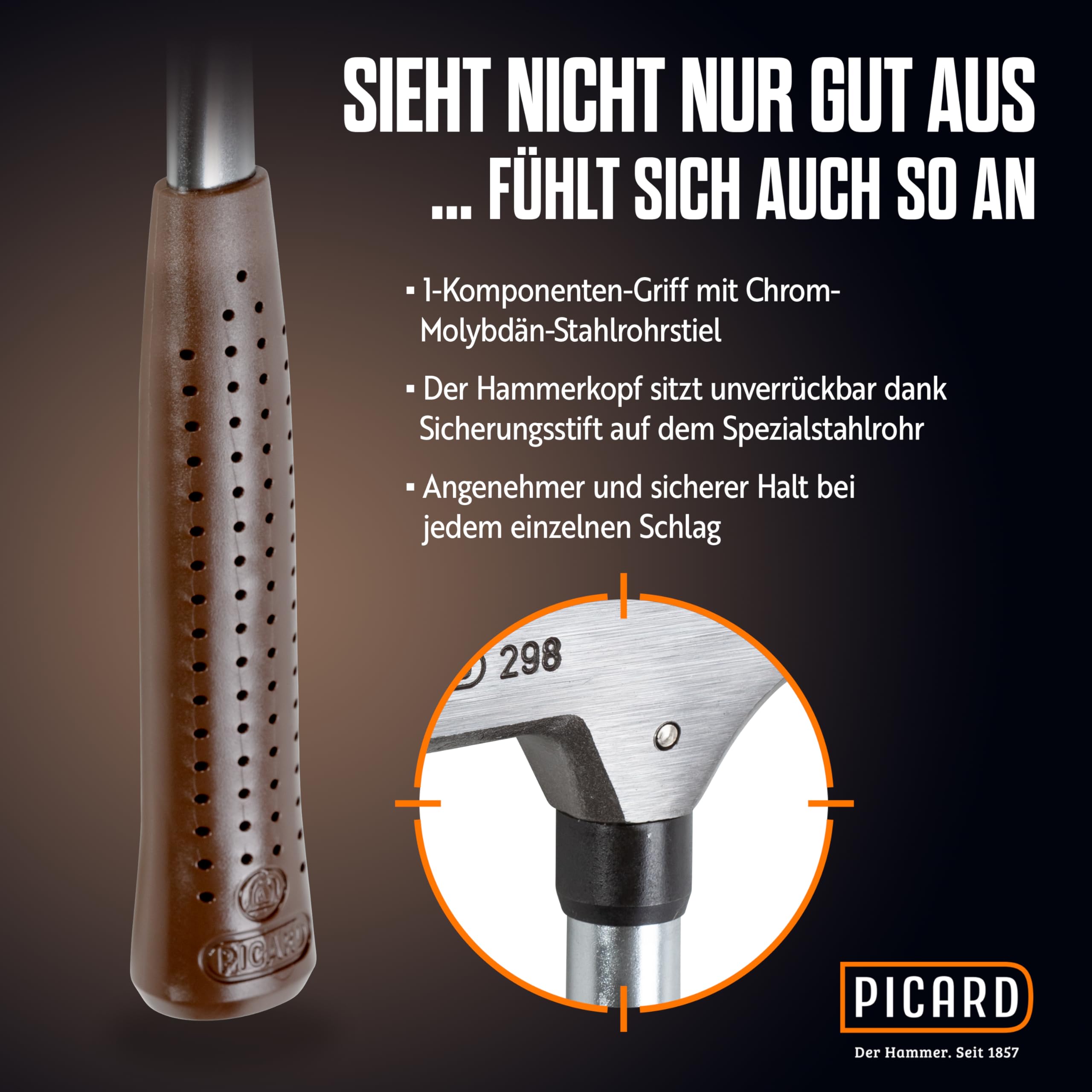 PICARD Latthammer Nr. 298 + Nageleisen | 600 g Kopfgewicht | Geraute Bahn | Magnetischer Nagelhalter | Korrosionsgeschützt | Chrom-Molybdän-Stahlrohrstiel | GS-geprüft | Länge 320 mm | Made in Germany 4