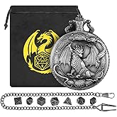 Mini DND Dice Set with Border Standing Dragon Pattern Pocket Watch Shell Case, 7pcs Polyhedral Mini Metal Dice Set, D&amp;D Gifts with Gift Bag, Role Playing Board Game Accessories, Dark Silver