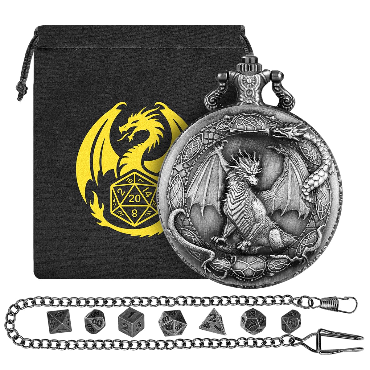 Mini DND Dice Set with Border Standing Dragon Pattern Pocket Watch Shell Case, DND Starter Set, 7pcs Polyhedral Metal Dice Set, D&D Gifts with Gift Bag, Role Playing Board Game Accessories, Silver