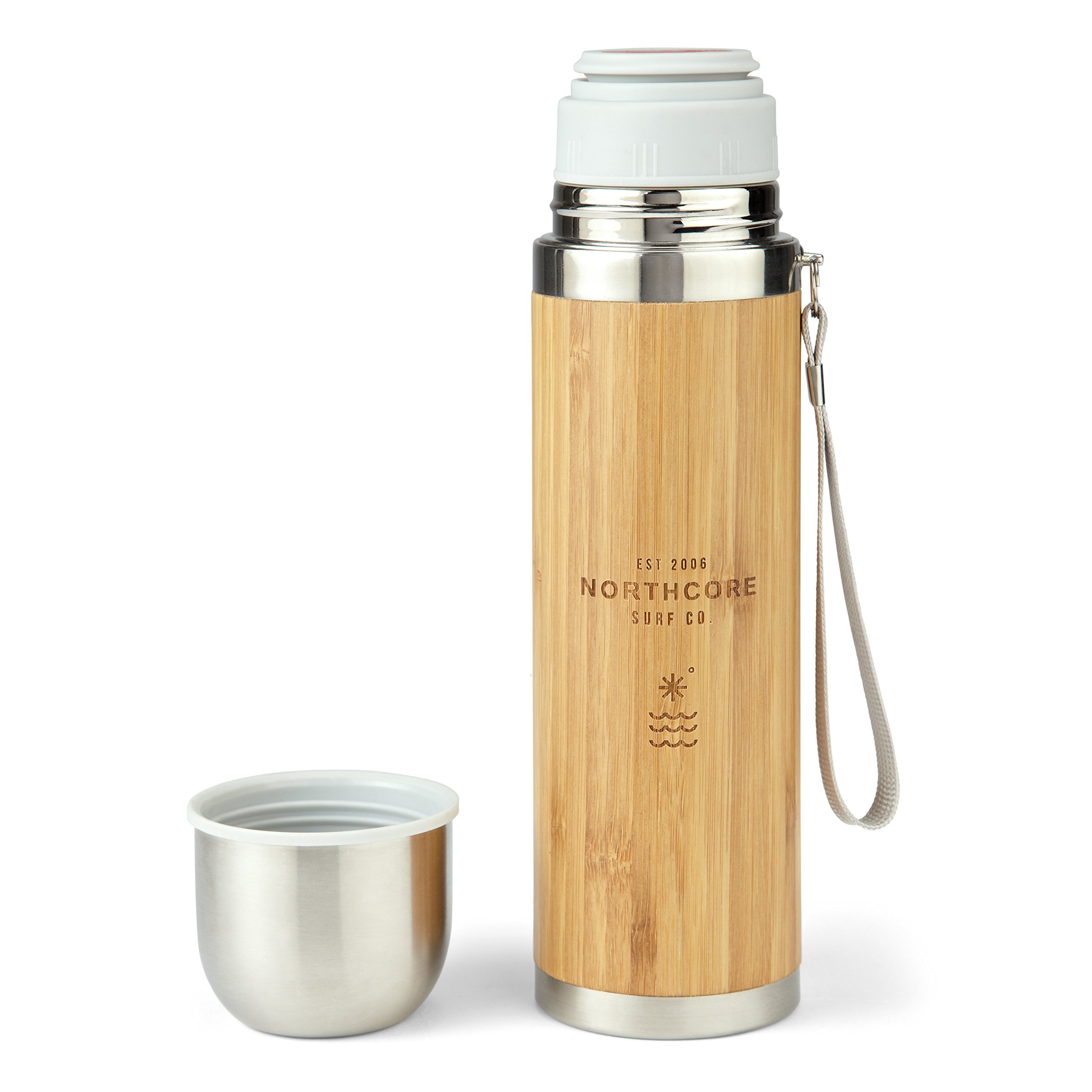 Northcore Surfing and Watersports Accessories - Bamboo & Stainless Steel Flask With Mug 360ml - Real bamboo