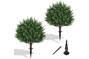Yangrass Artificial Set of 2 Cedar Topiary Ball Trees 23" for Outdoors with Ground Spike, UV Resistant Faux Cypress Plants, Evergreen Shrubs Bushes for Front Porch Garden Backyard Decor