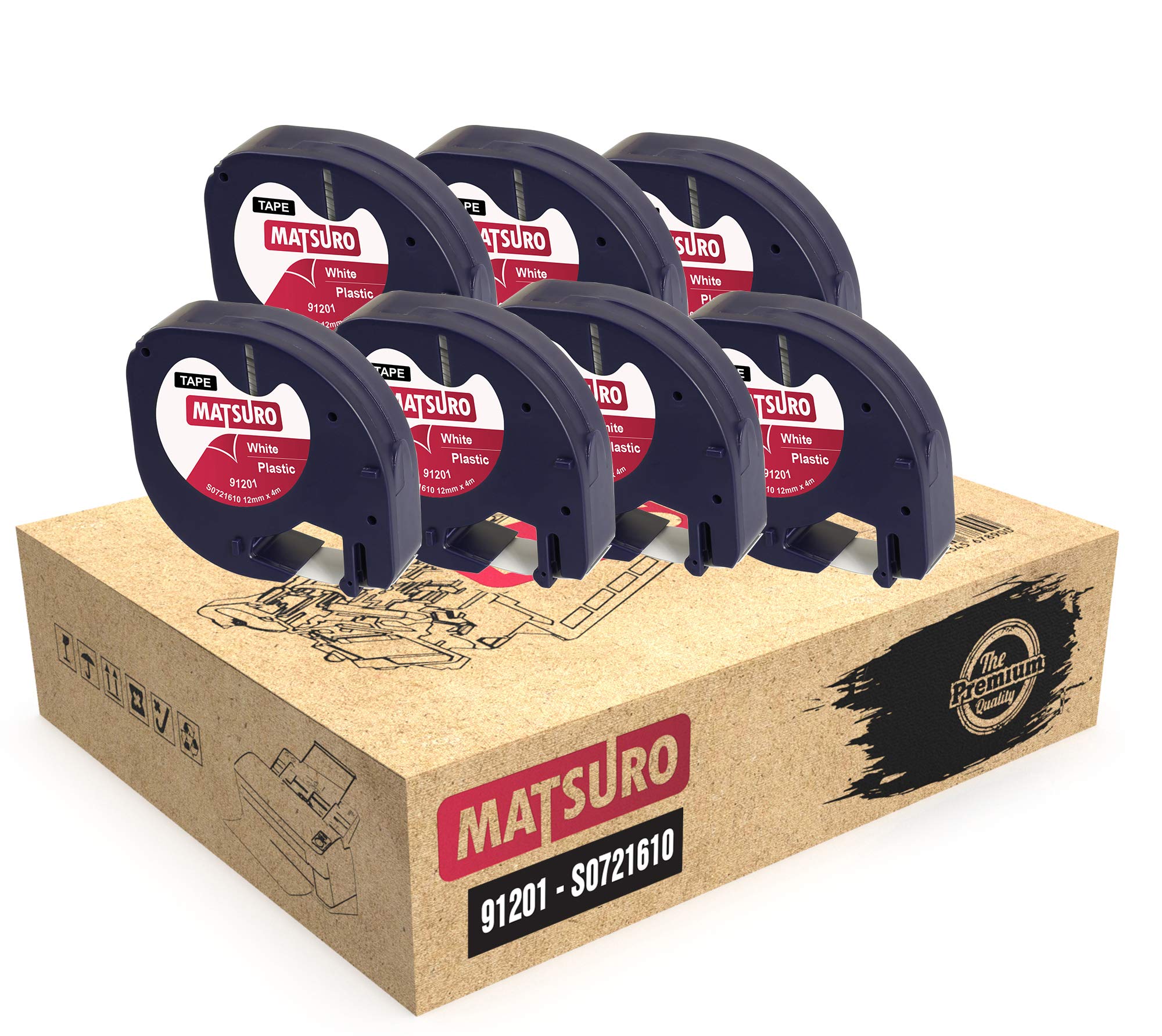 Matsuro Original | Compatible Plastic Label Tapes Replacement for DYMO LetraTag 91201 S0721610 S0721660 Black on White (12 mm x 4 m | 7 Pack)