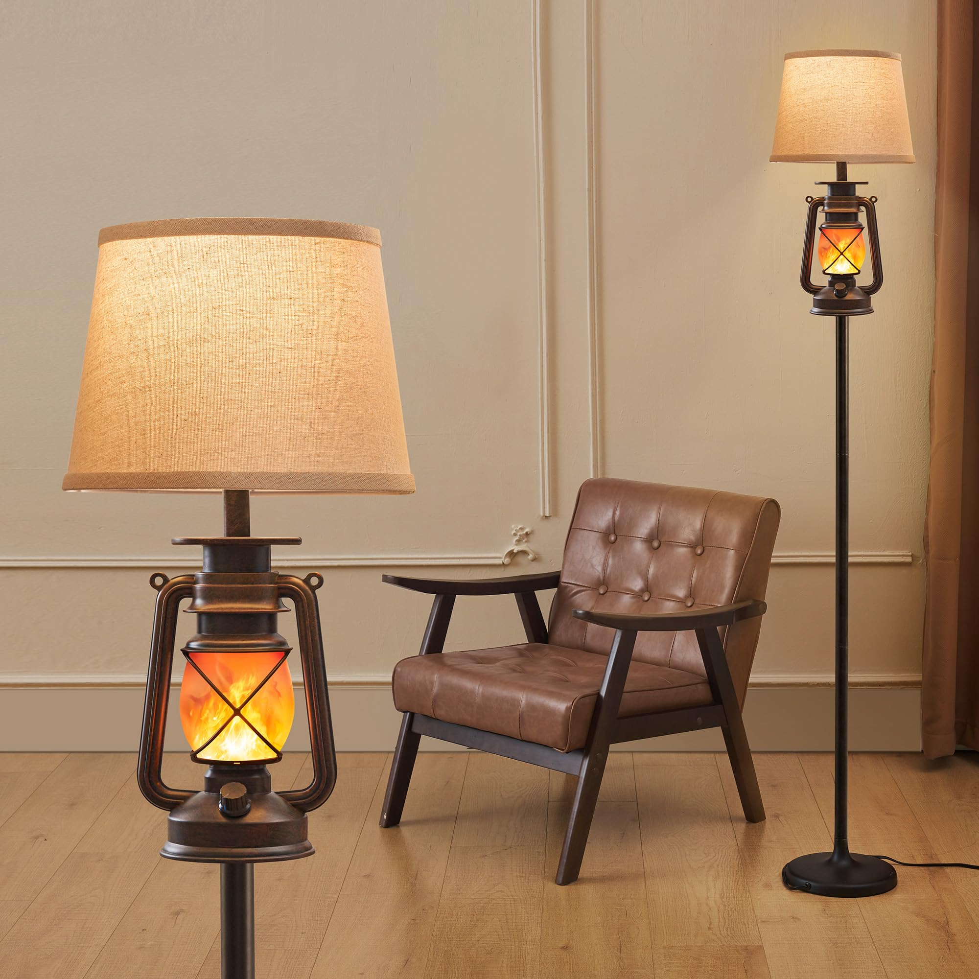 Photo 1 of LEDIARY LED Flashing Flame Night Lantern Farmhouse Floor Lamp for Living Room, Rustic Standing Lamp with Beige Linen Drum Lampshade, Lantern Floor Lamps for Bedroom Home Decor