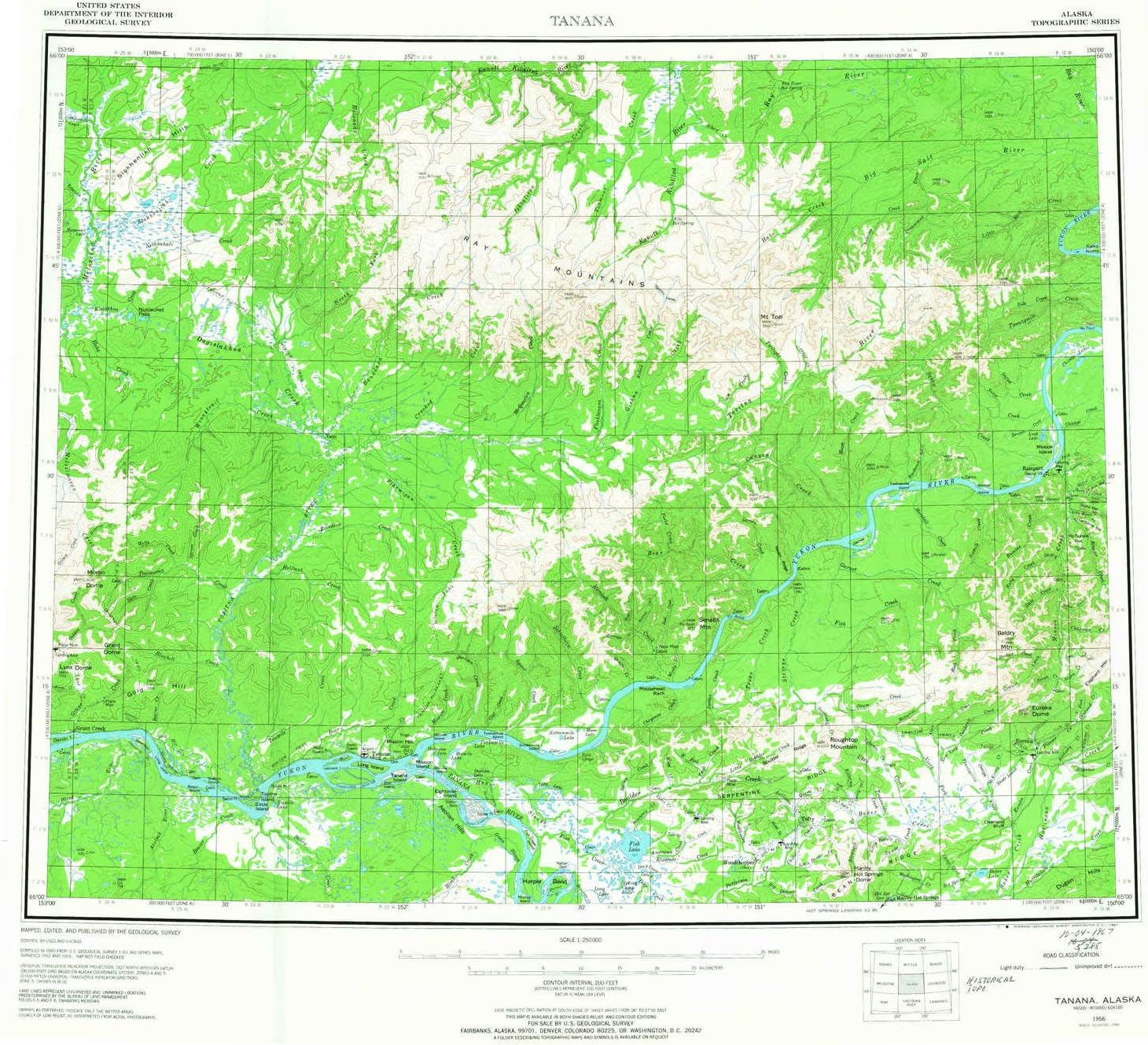 YellowMaps Tanana AK topo map, 1:250000 Scale, 1 X 3 Degree, Historical, 1956, Updated 1967, 22.2 x 24.6 in