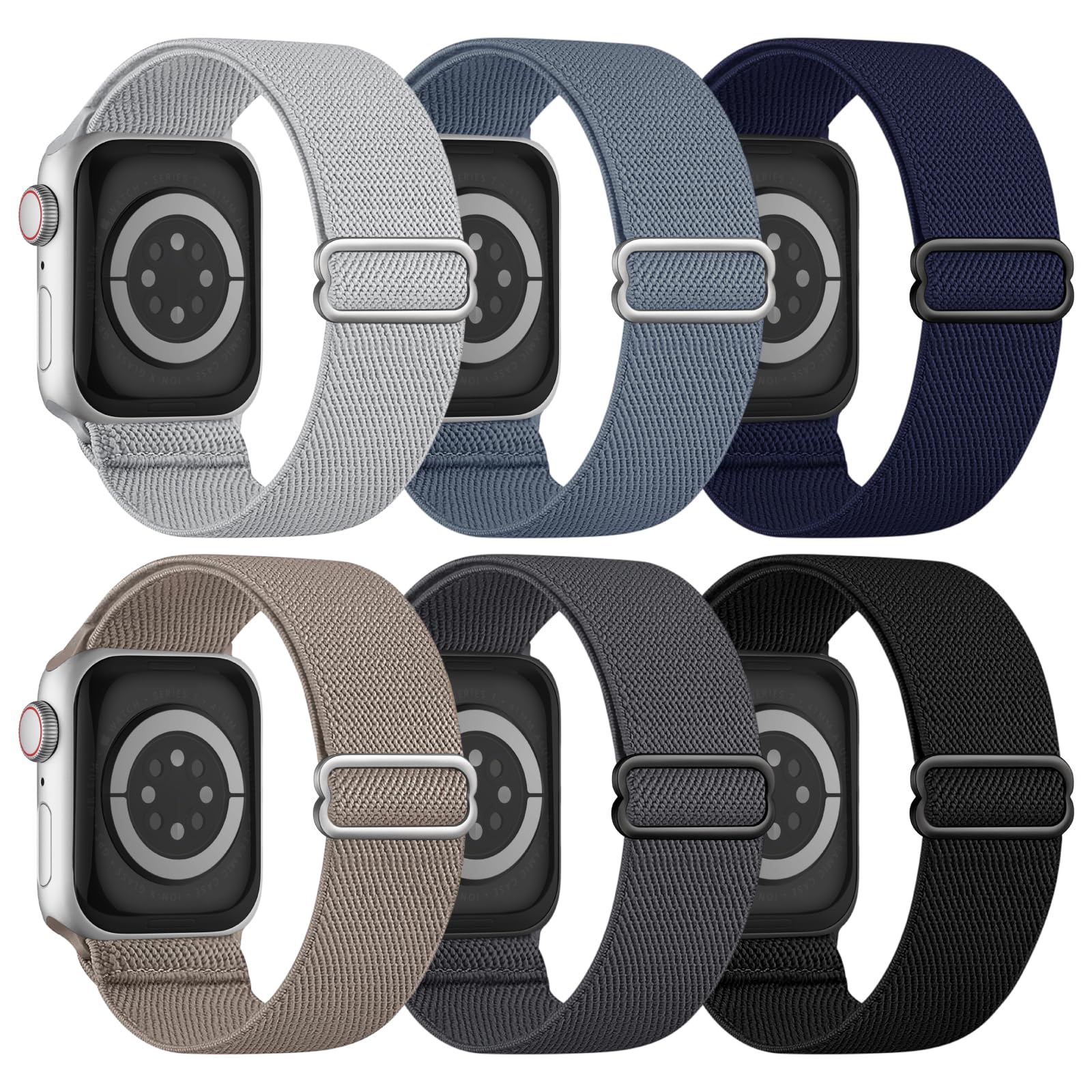 Photo 1 of 6 Pack Stretchy Solo Loop Compatible with Apple Watch Band 45mm 46mm 44mm 42mm 49mm 41mm 40mm 38mm Men Women, Braided Elastic Nylon Strap for iWatch Series 10 9 8 7 6 5 4 3 11 SE SE 2/3 Ultra Ultra 2