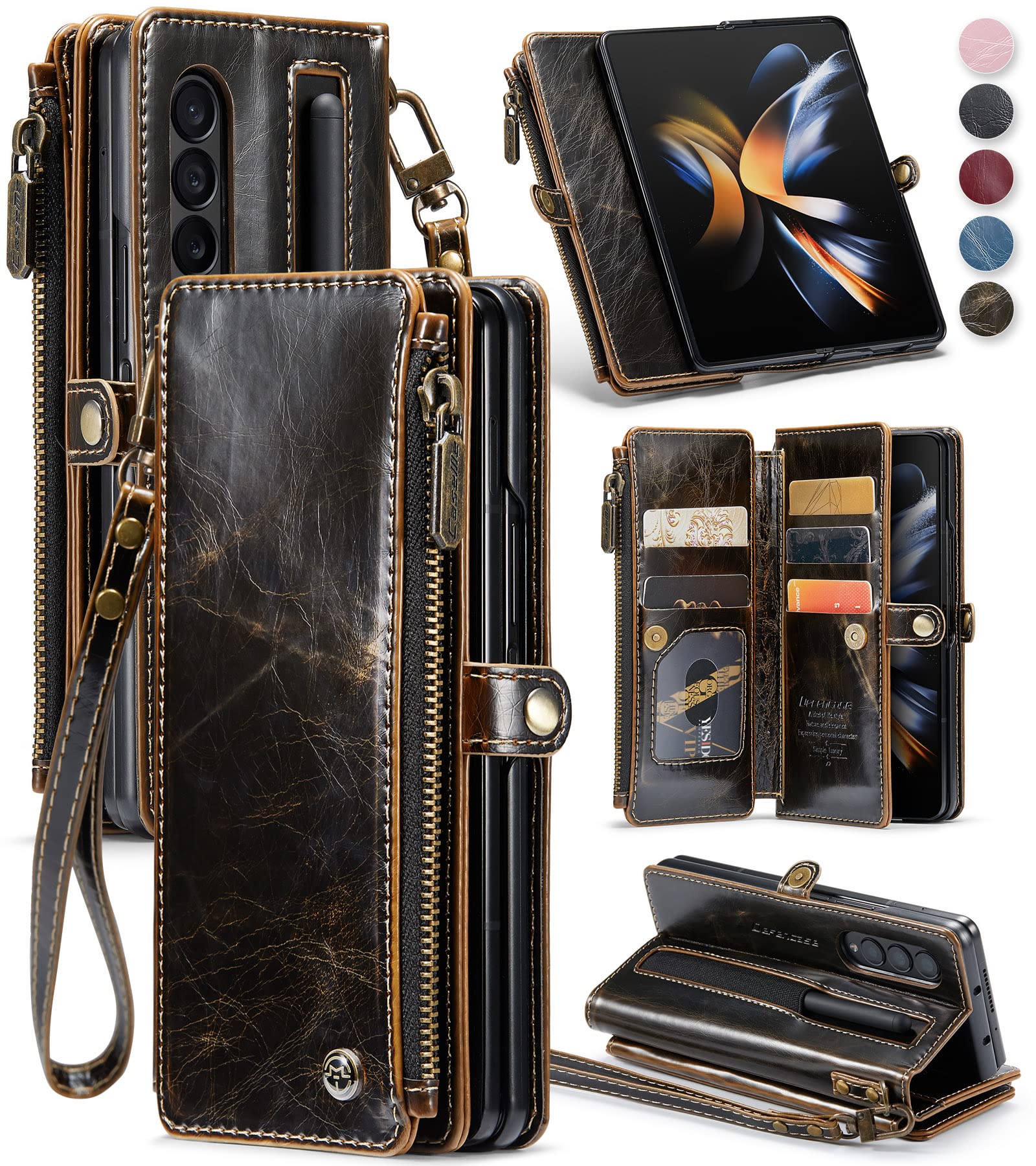 Photo 1 of Defencase Wallet Case Compatible with Samsung Galaxy Z Fold 4 with Card Holder & S Pen Holder Slot PU Leather Magnetic Snap Flip Zipper Strap Phone Case Fit for Galaxy Z Fold 4, Coffee