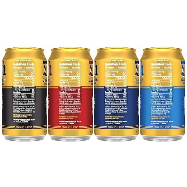 LIQUID DEATH ICED TEA – VARIETY, LESS SUGAR*, BOOST OF CAFFEINE, B VITAMINS, NO ARTIFICIAL SWEETENERS, 4 FLAVORS: TEA/LEMONADE, REST IN PEACH, SWEET REAPER, BLUEBERRY BUZZSAW, 12 FL OZ (PACK OF 12)