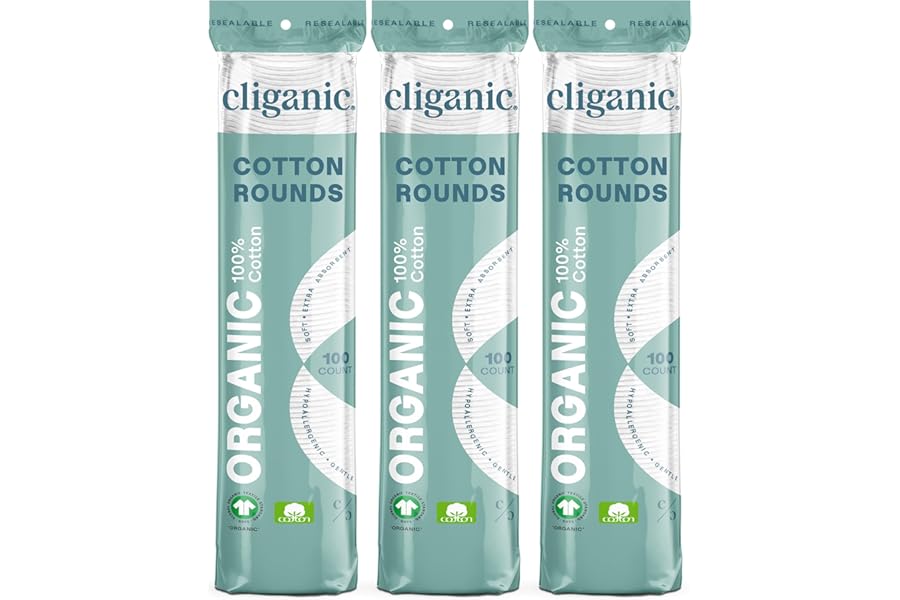Cliganic Organic Cotton Rounds (300 Count) Makeup Remover Pads, Hypoallergenic, Lint-Free | 100% Pure Cotton (Packaging May Vary)
