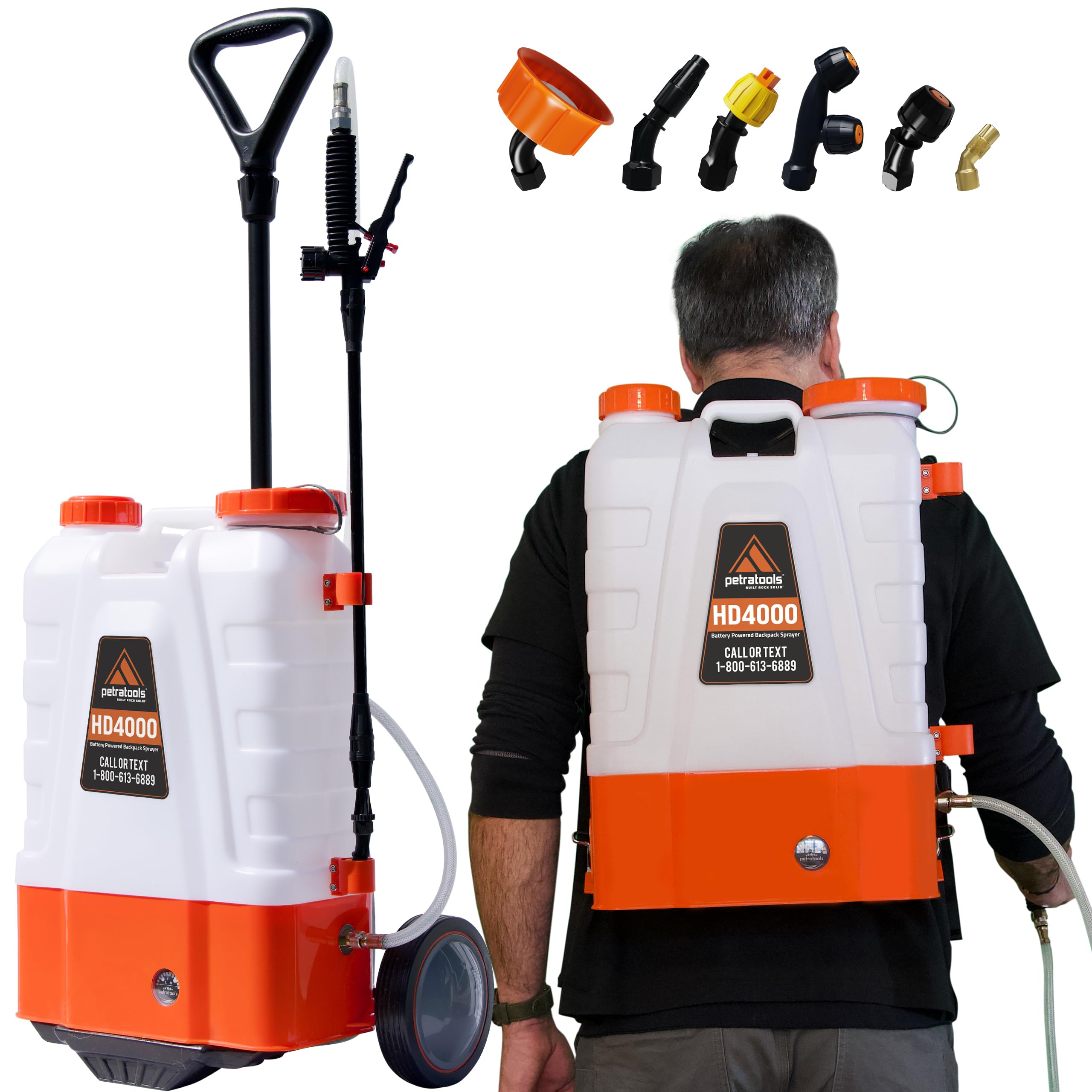 PetraTools Battery Powered Backpack Sprayer 4 Gallon - 6 Hours Long Battery Life & Padded Straps for Comfort - HD4000 Electric Backpack Garden Sprayer with 6 Spray Nozzles (HD4000 with Cart) Image