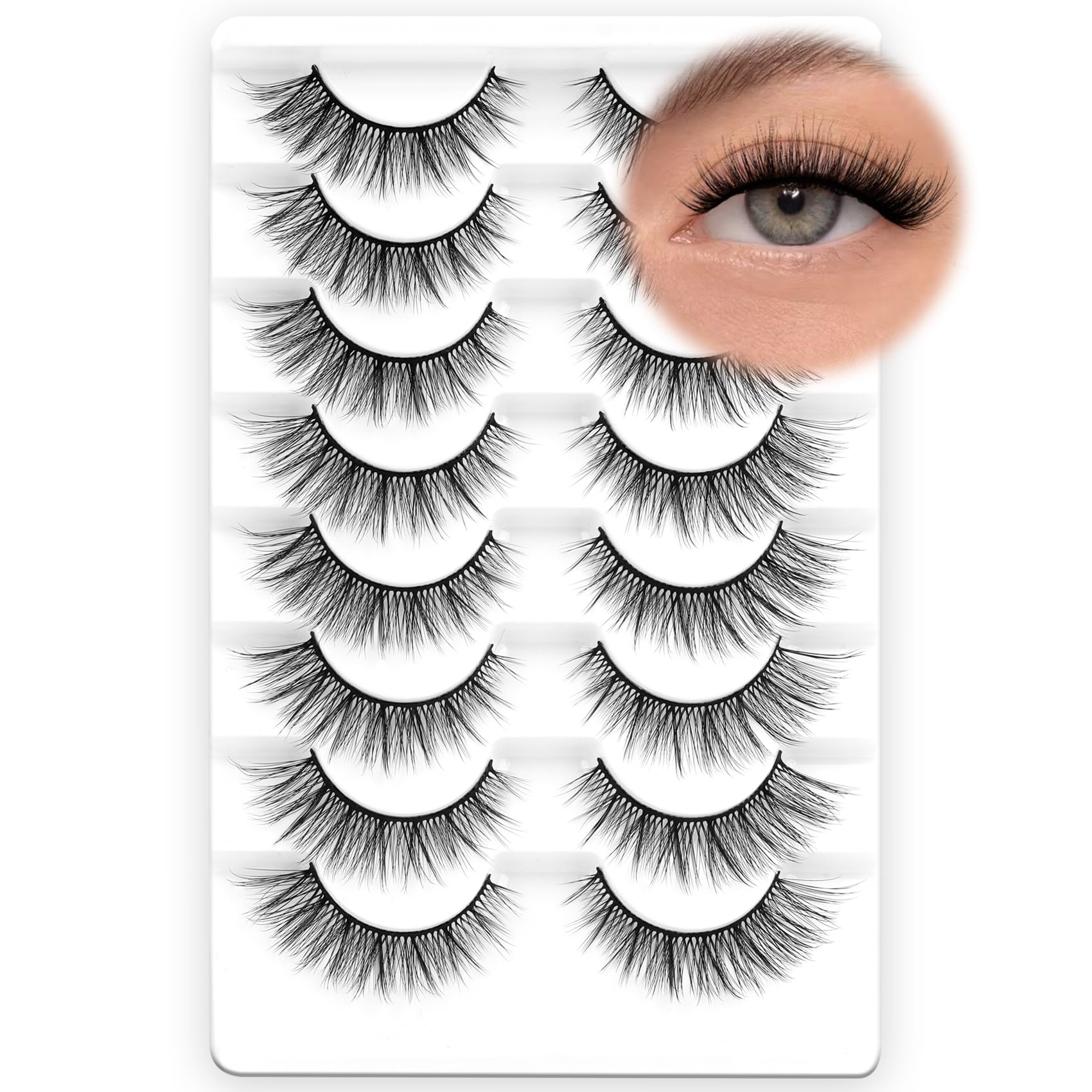 Photo 1 of Fyonas Natural Lashes Wispy False Eyelashes 8-14mm Cat Eye Lashes C Curl Fake Lashes Natural Look Soft Faux Mink Lashes 8 Pairs Fluffy Strip Lashes Pack (C02)