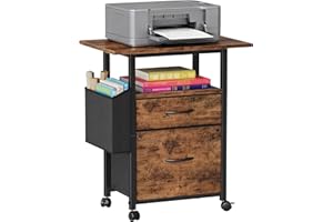 GYIIYUO 2 Drawer File Cabinet with 24'' Extended Desktop, Mobile Filing Cabinet, Rolling File Cabinet with Side Bag, Fabric Drawer, Fits A4/Letter Size, Printer Stand Home Office, Light Brown