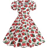 1950s Vintage Dresses for Girls Ice Cream/Strawberry/Butterfly/Mango Print Dress Short Sleeve Square Neck