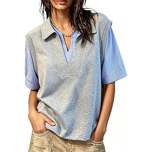 Summer Tops for Women 2026 Trendy Striped Fake-Two Piece V Neck Casual Tops Short Sleeve Color Block Collar T-Shirt