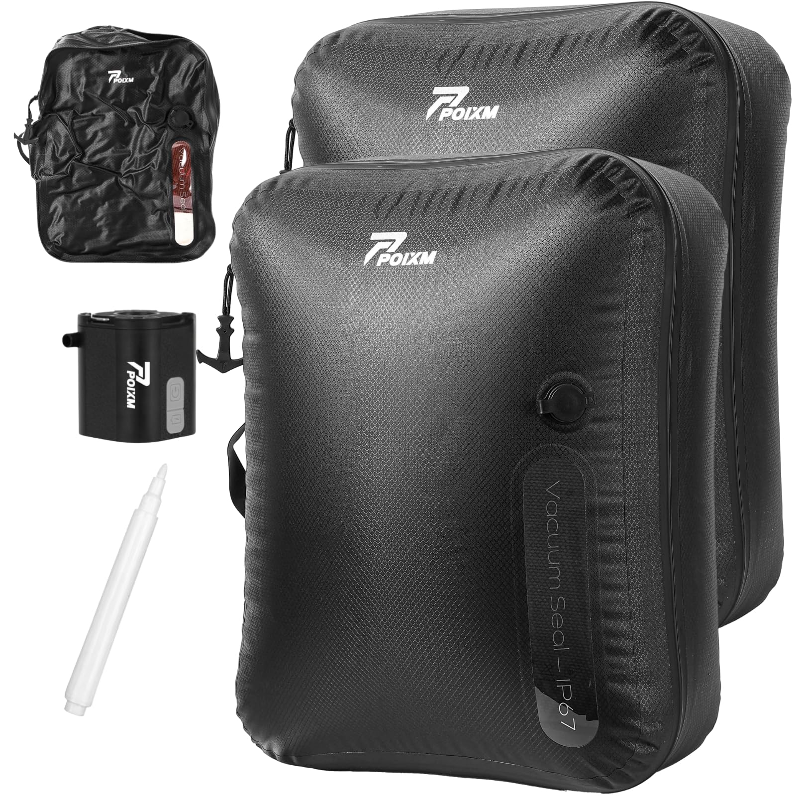 Photo 1 of ************Only one bag and no pump***********
POIXM Vacuum Bags for Travel with Wireless Pump, 180° Open Zipper, IP67 Waterproof, Reusable Space Saver Compression Bags for Backpack, Suitcase, Home Storage(2 Pack + Pump)