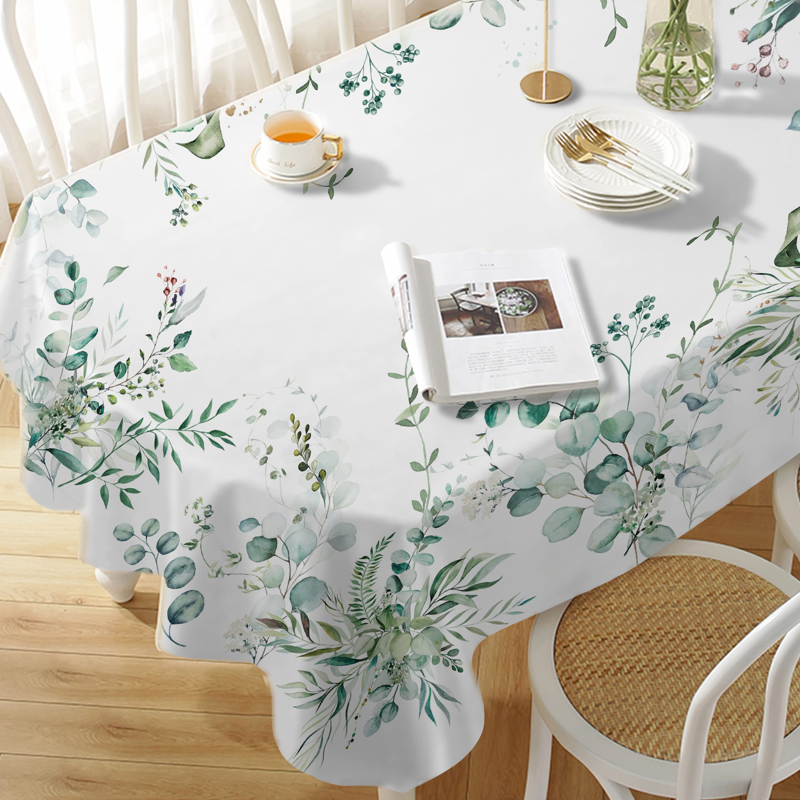 Yighty Leaf Floral Sage Green Oval Tablecloth, 54x72 Inch, Leaf Printed, Waterproof, Suitable for Indoor and Outdoor, Holiday Kitchen Restaurant and Party