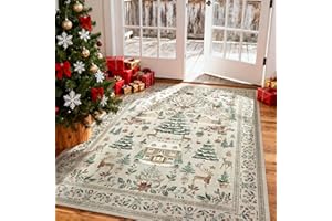 Dadasgk Christmas Washable Rugs for Living Room 5x7 - Non-Slip Soft Vintage Area Rug, Christmas Tree and Deer No-Shedding Ind