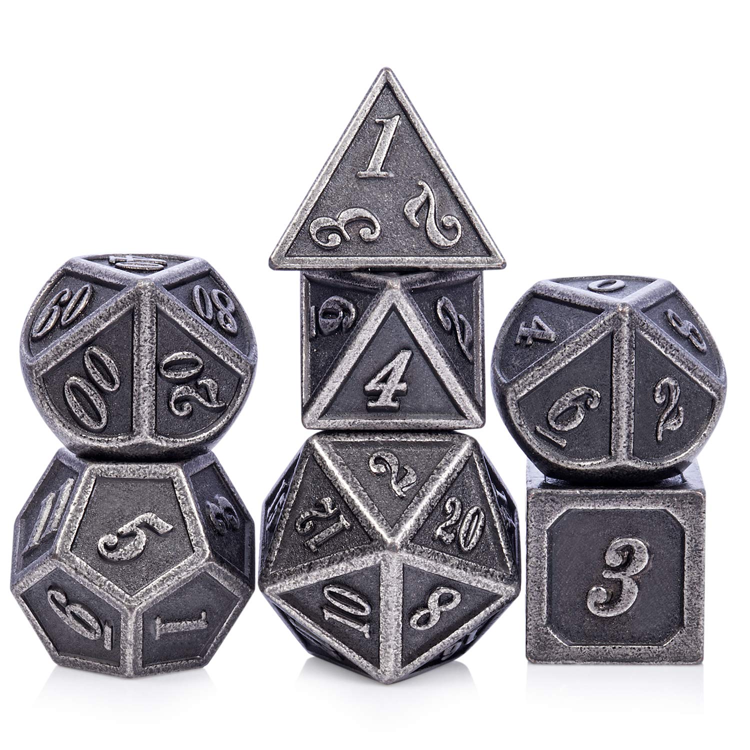 DnDnD Acient Silver Metal DND Dice Set, 7PCS D&D