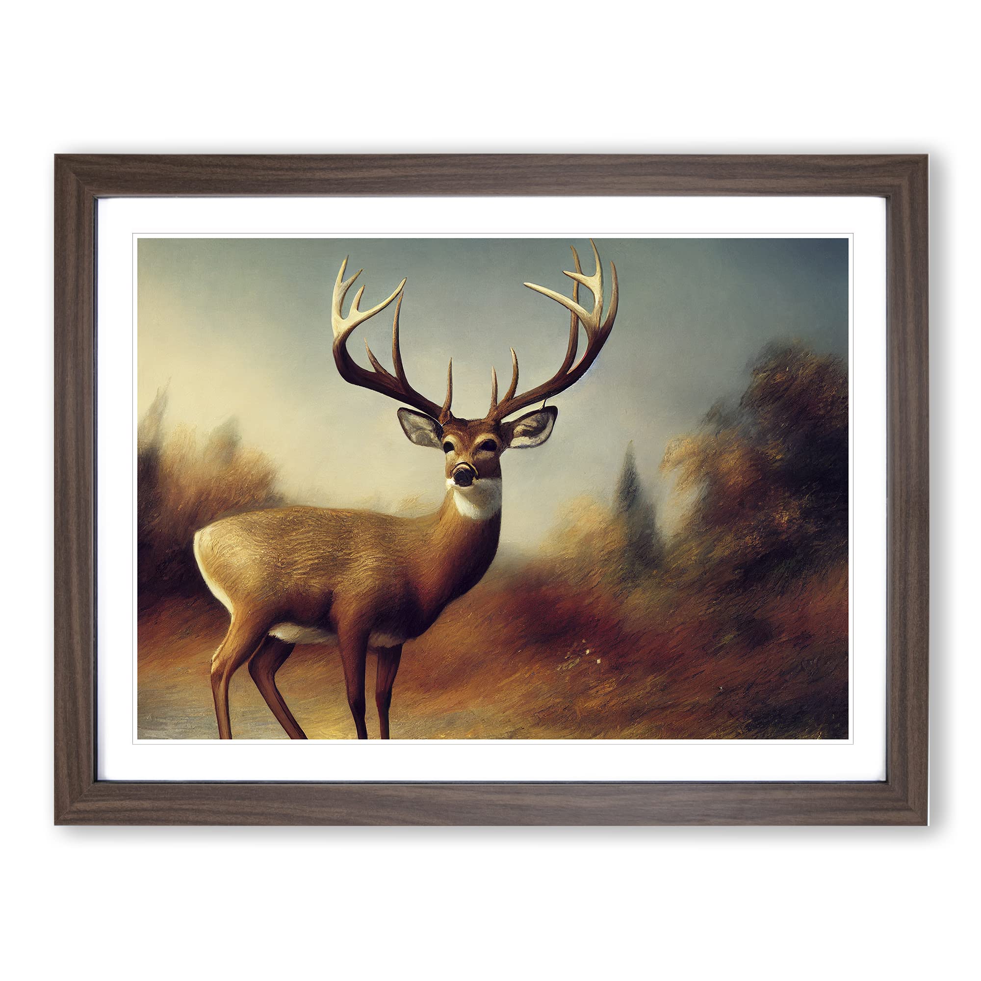 Stag Deer Framed Print | A3 Walnut Framed Wall Art | Ready to Hang | Modern Animal Picture | Living Room Bedroom Lounge Office